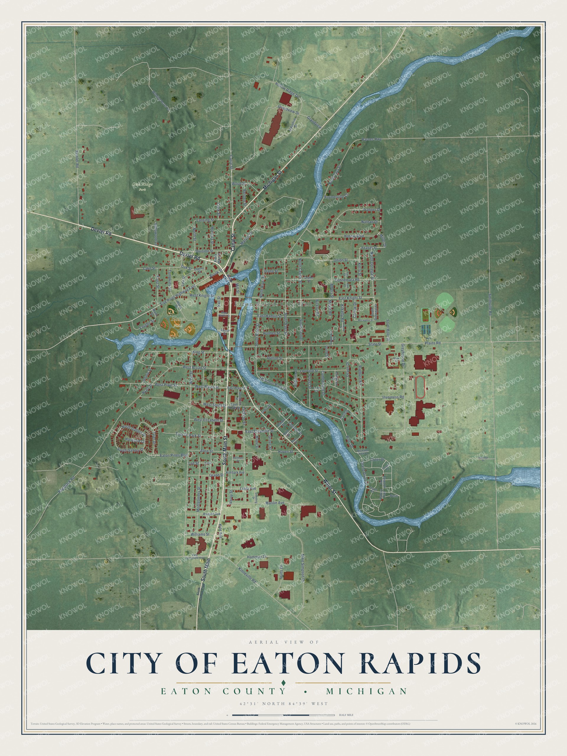 Full map of Eaton Rapids, Michigan, with red buildings, printed street names and the land around them