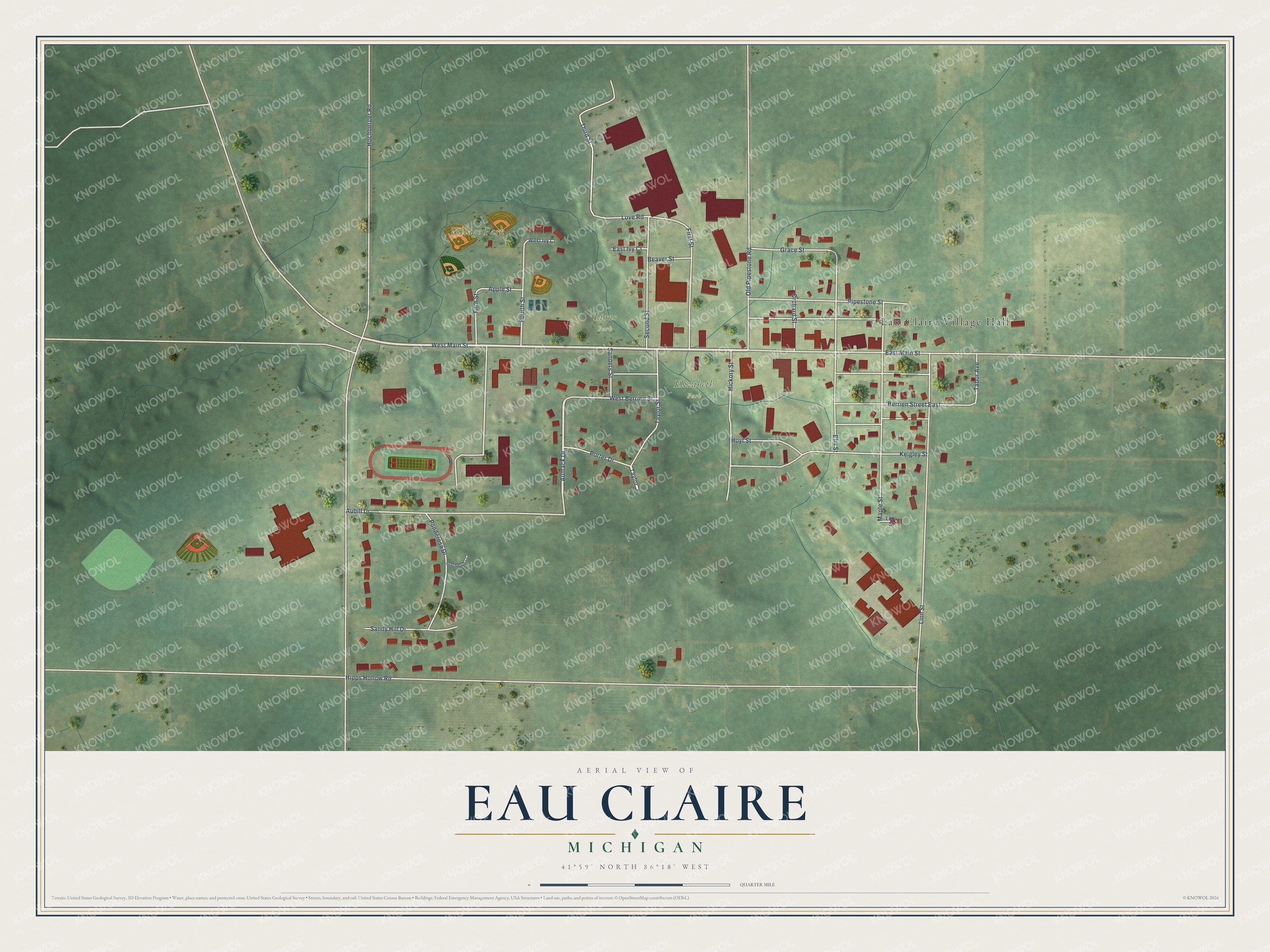 Full map of Eau Claire, Michigan, with red buildings, printed street names and the land around them