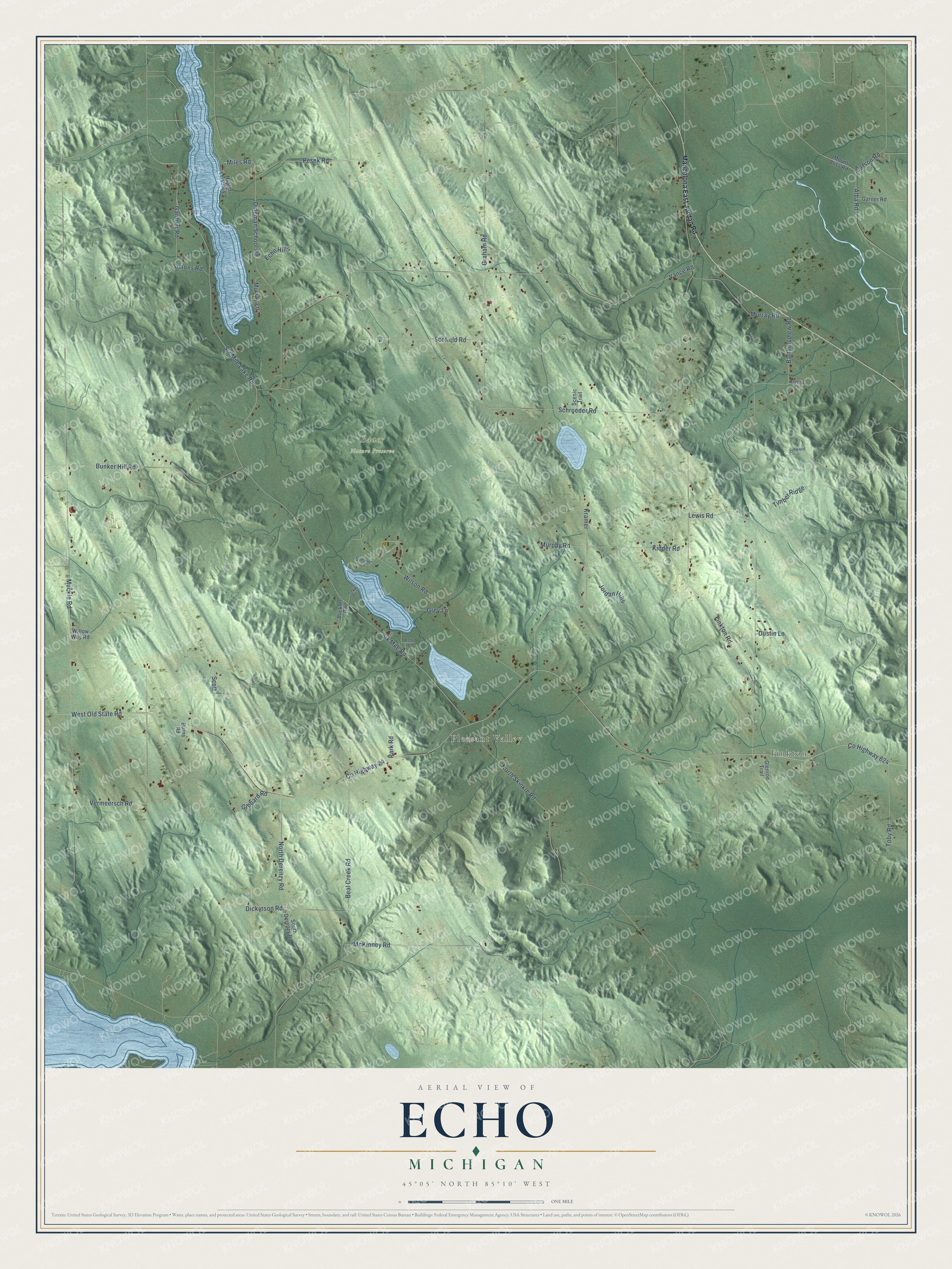 Full map of Echo, Michigan, with red buildings, printed street names and the land around them