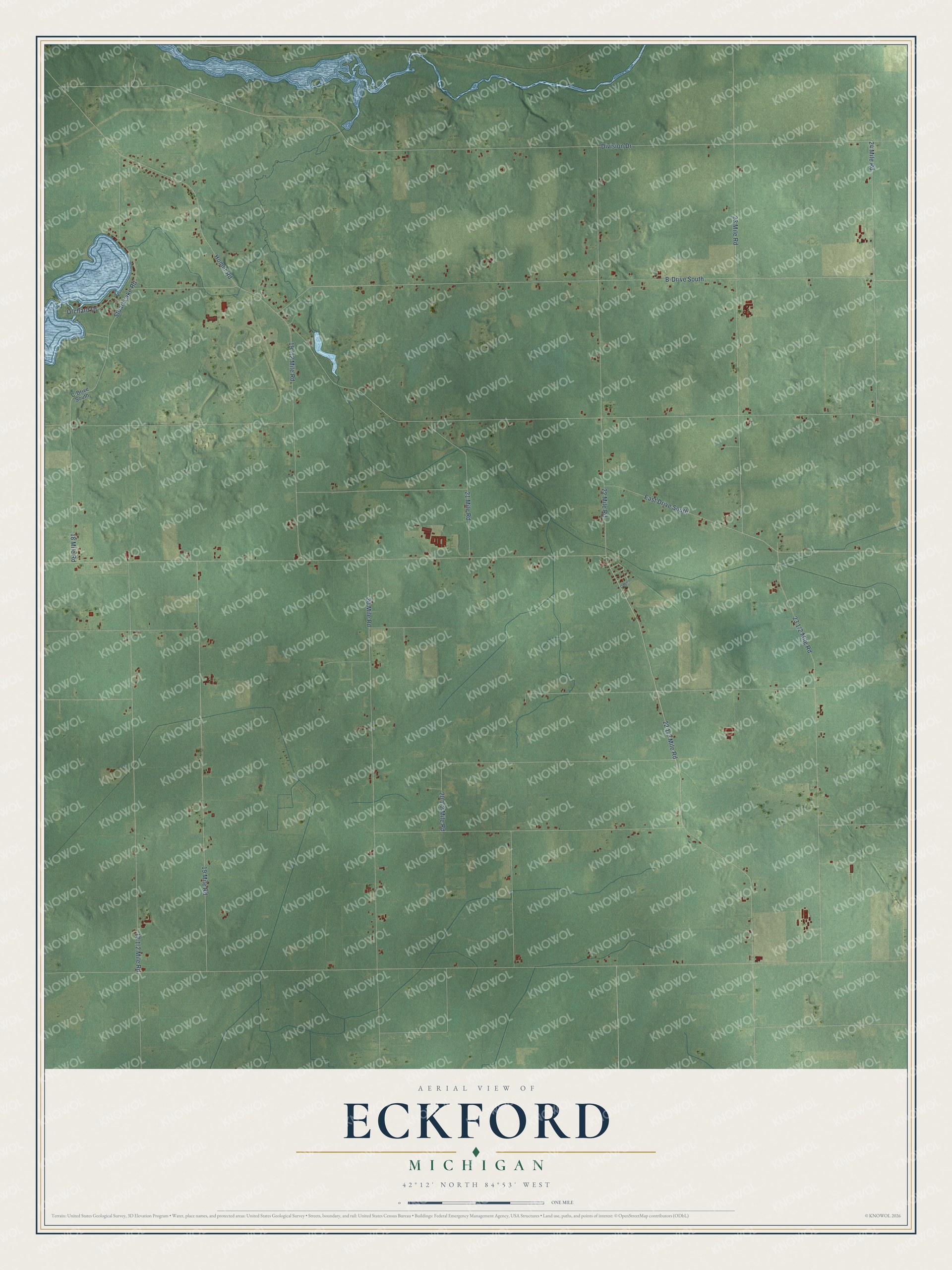 Full map of Eckford, Michigan, with red buildings, printed street names and the land around them