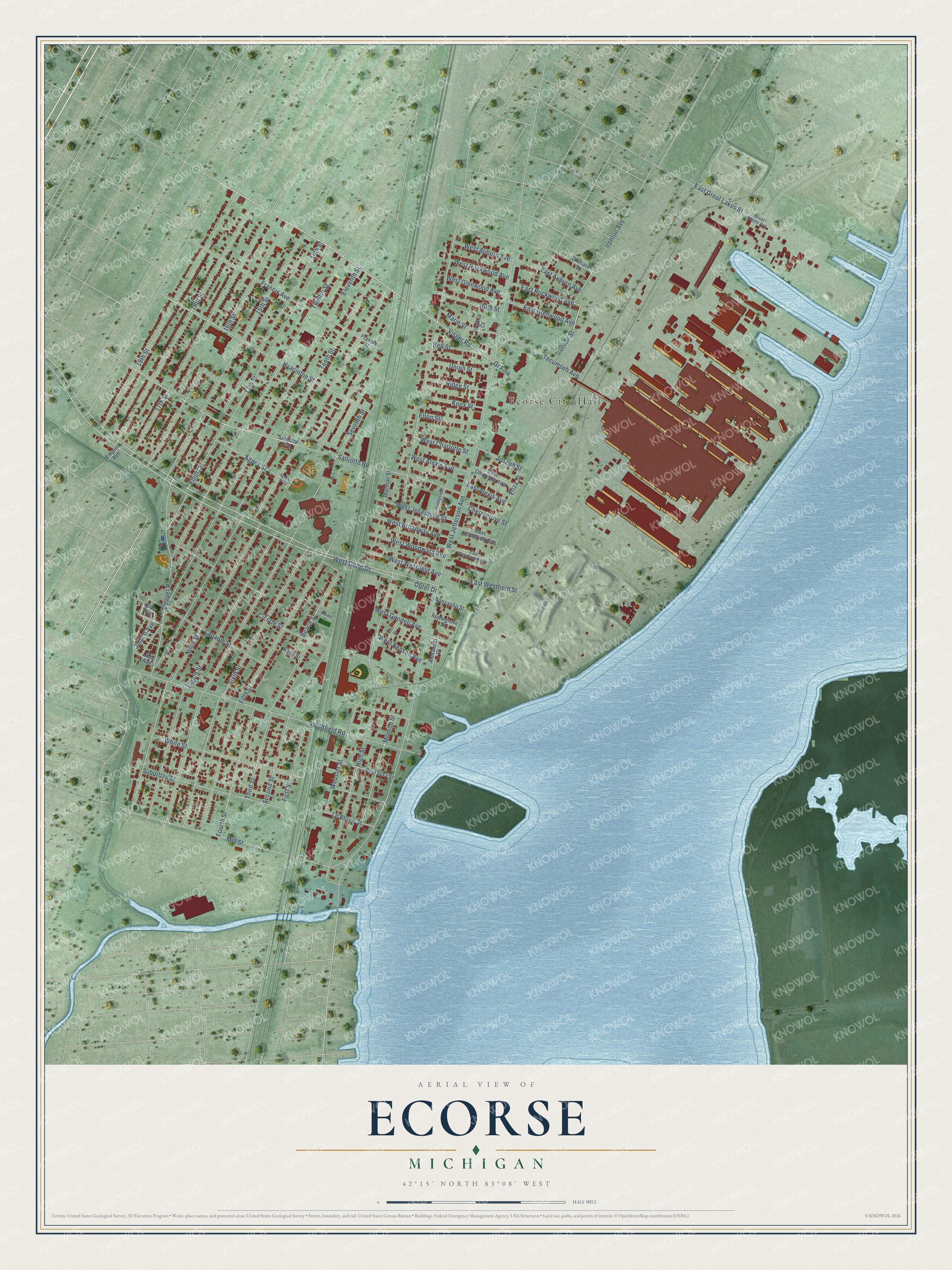 Full map of Ecorse, Michigan, with red buildings, printed street names and the land around them