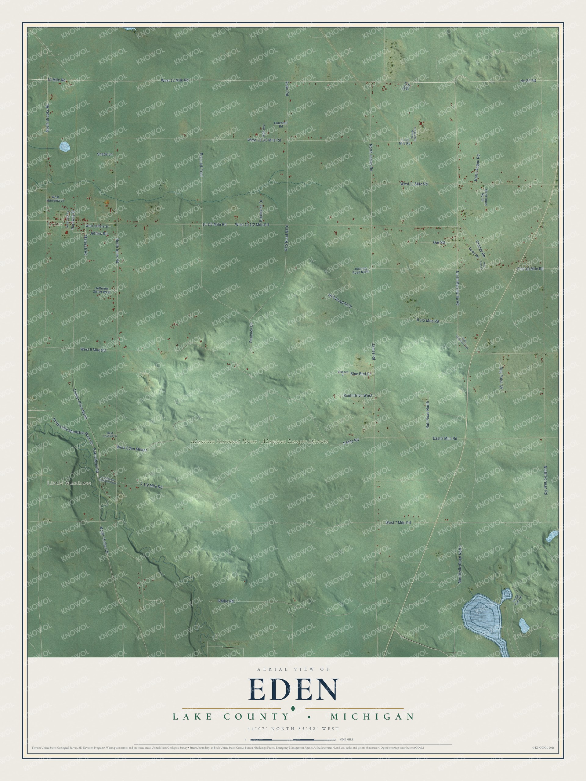 Full map of Eden, Michigan, with red buildings, printed street names and the land around them
