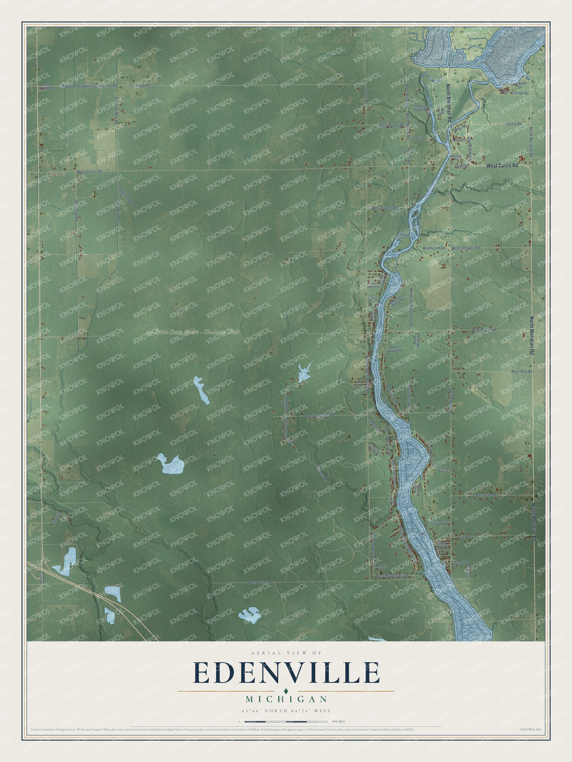 Full map of Edenville, Michigan, with red buildings, printed street names and the land around them
