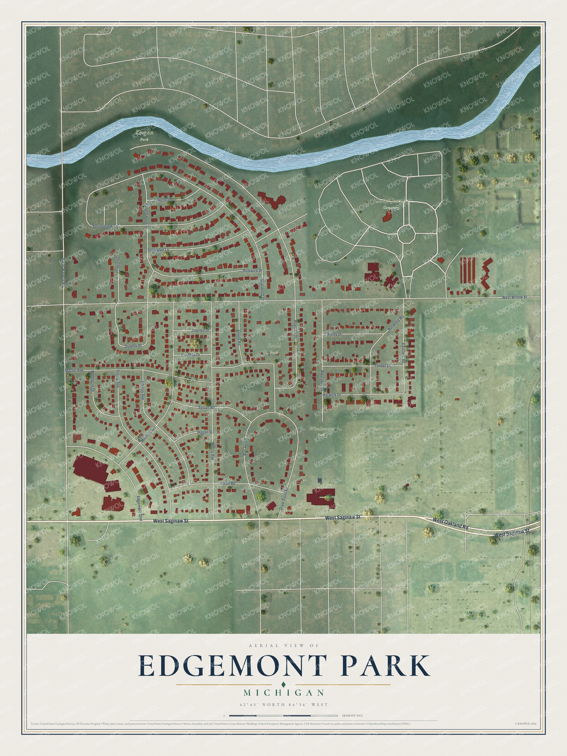 Full map of Edgemont Park, Michigan, with red buildings, printed street names and the land around them