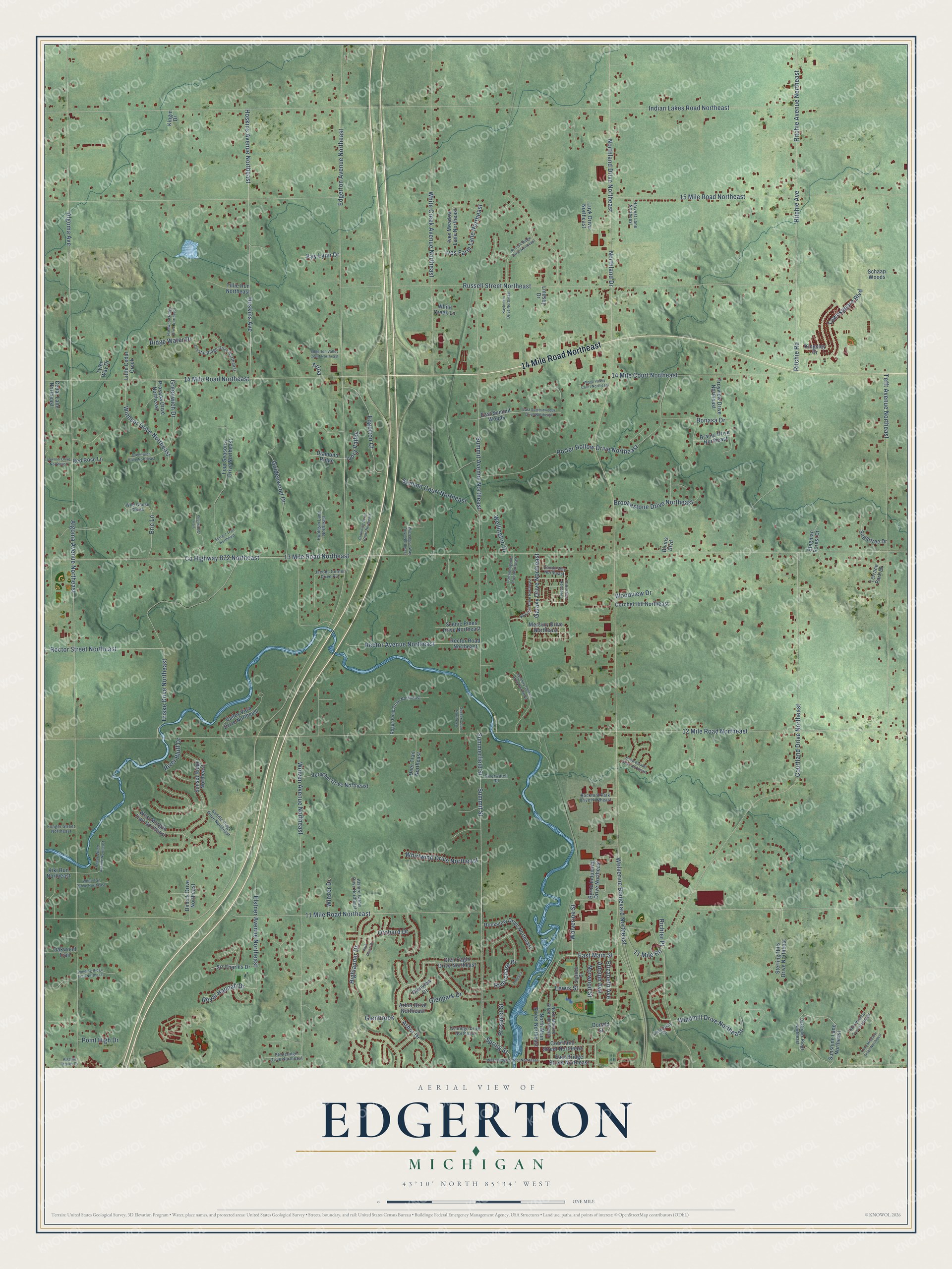 Full map of Edgerton, Michigan, with red buildings, printed street names and the land around them