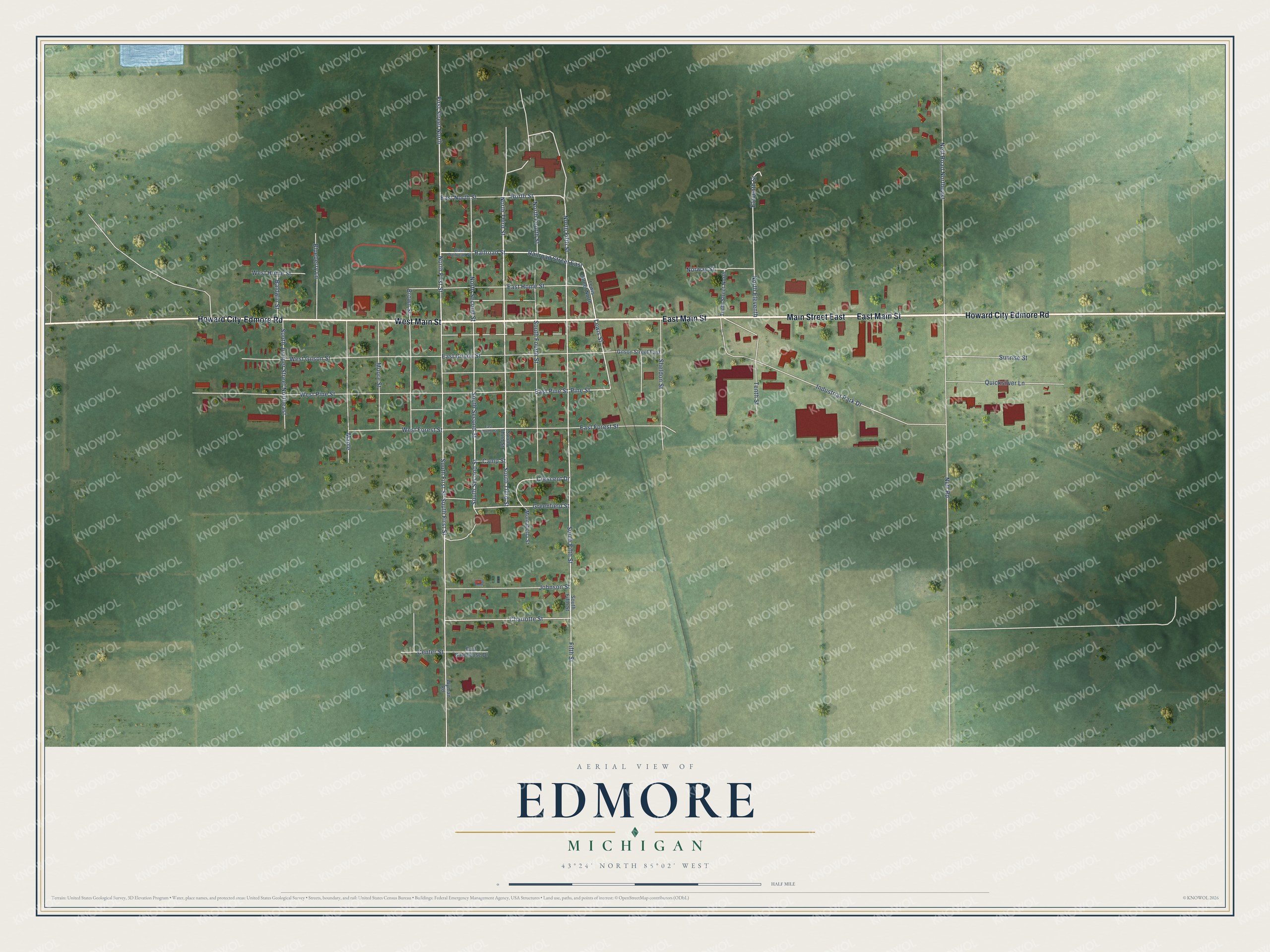 Full map of Edmore, Michigan, with red buildings, printed street names and the land around them