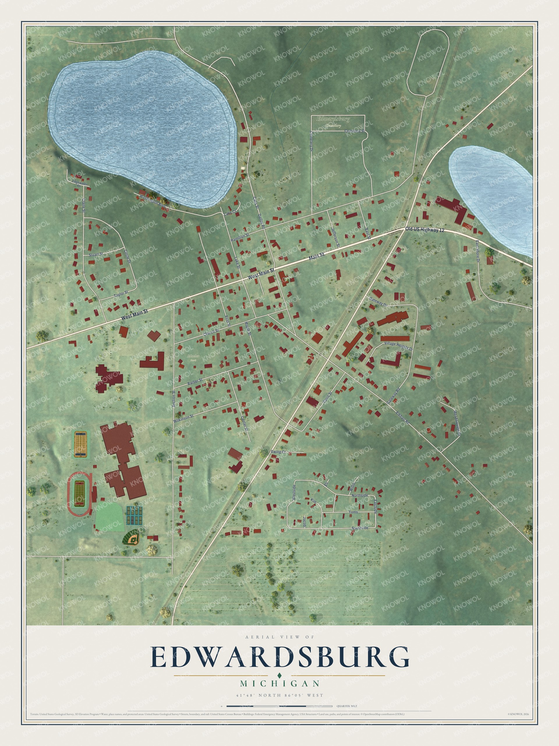 Full map of Edwardsburg, Michigan, with red buildings, printed street names and the land around them