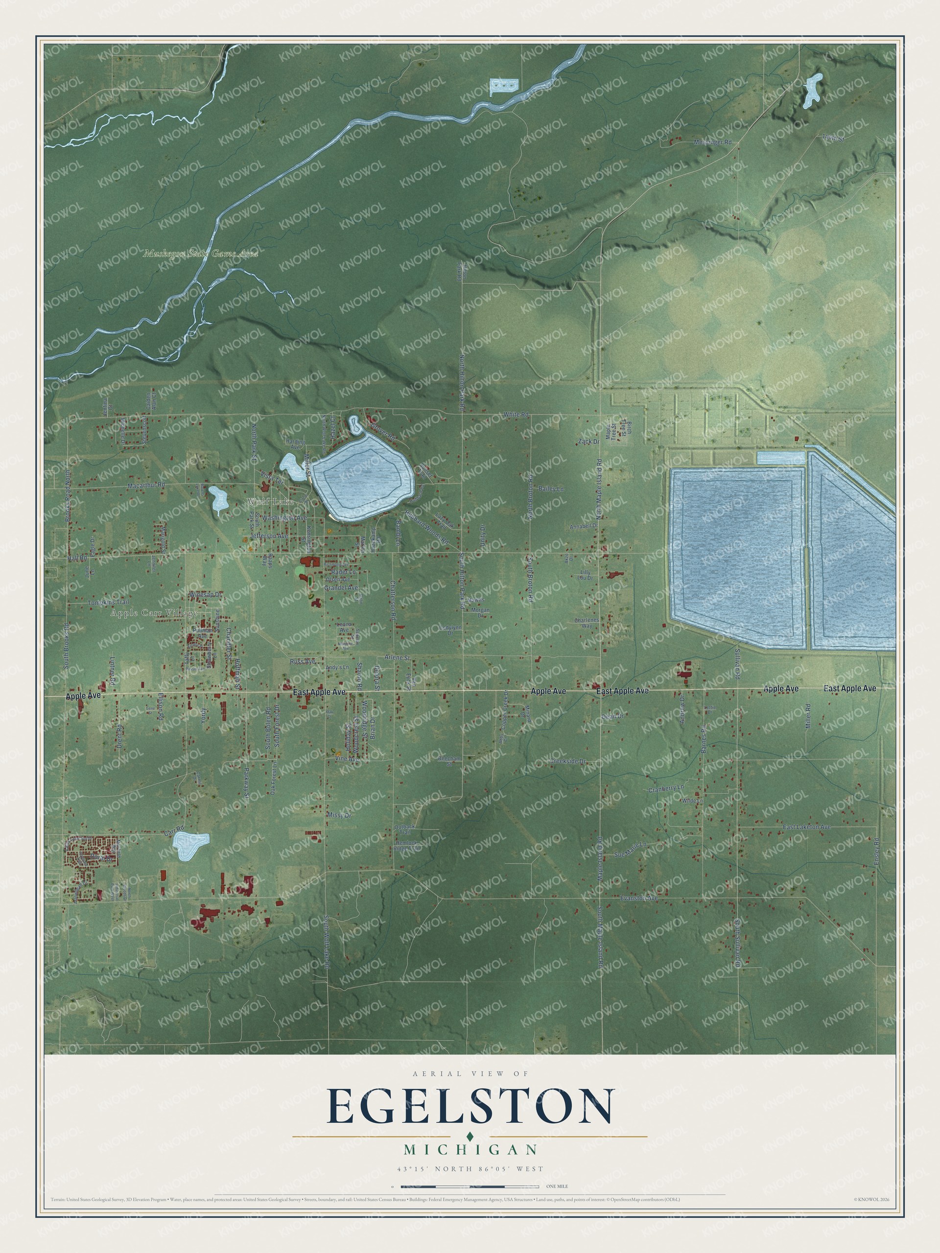 Full map of Egelston, Michigan, with red buildings, printed street names and the land around them