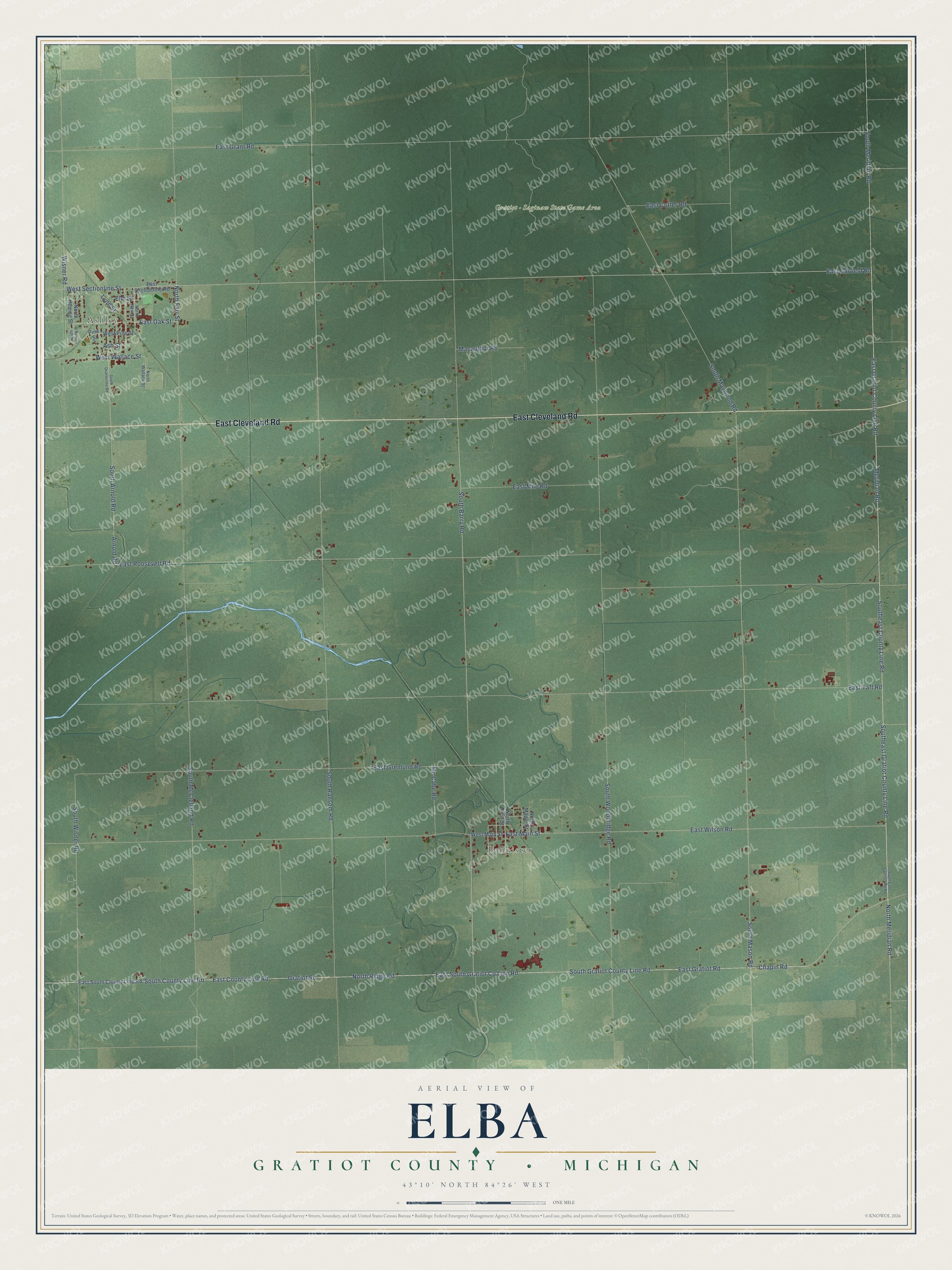 Full map of Elba, Michigan, with red buildings, printed street names and the land around them