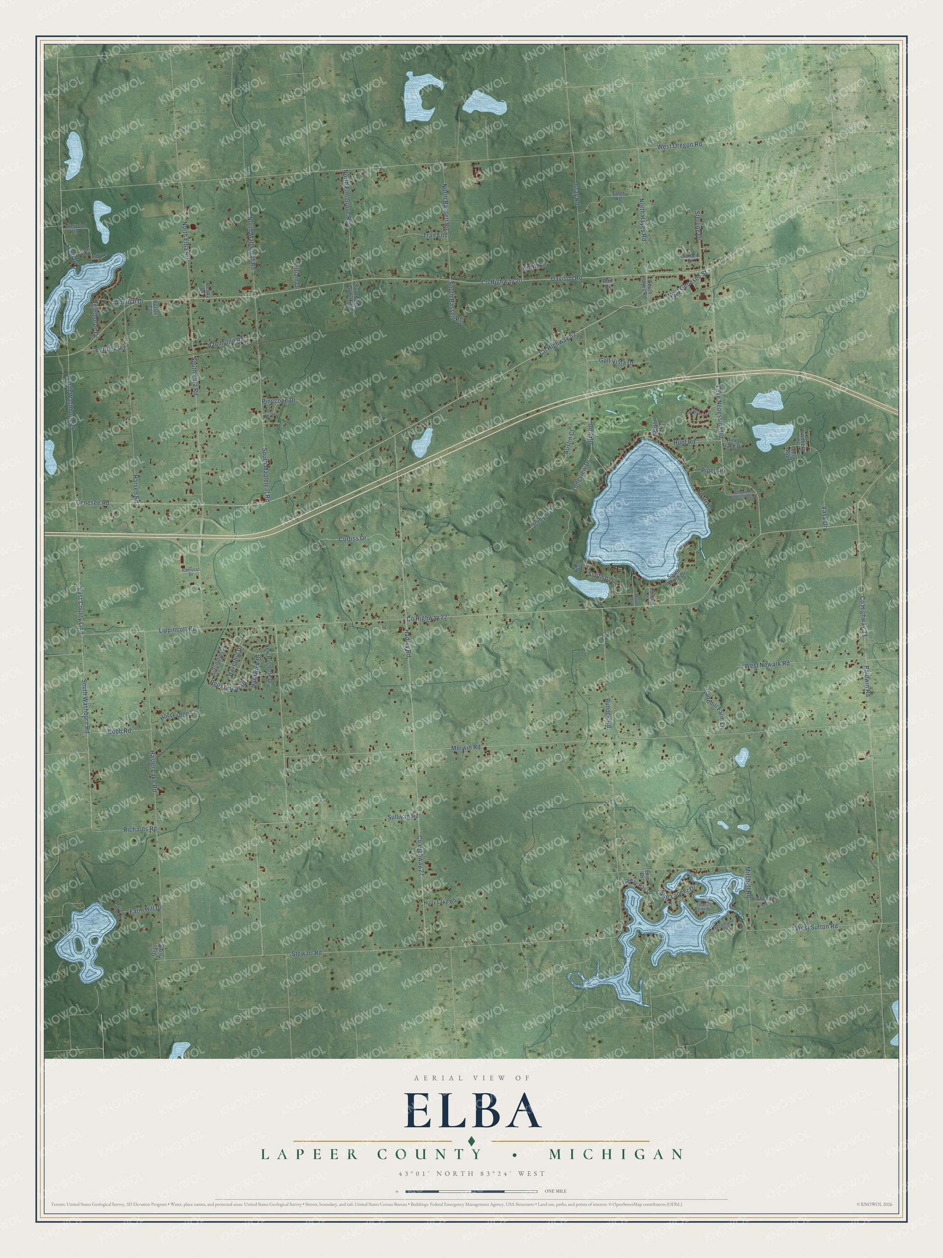 Full map of Elba, Michigan, with red buildings, printed street names and the land around them