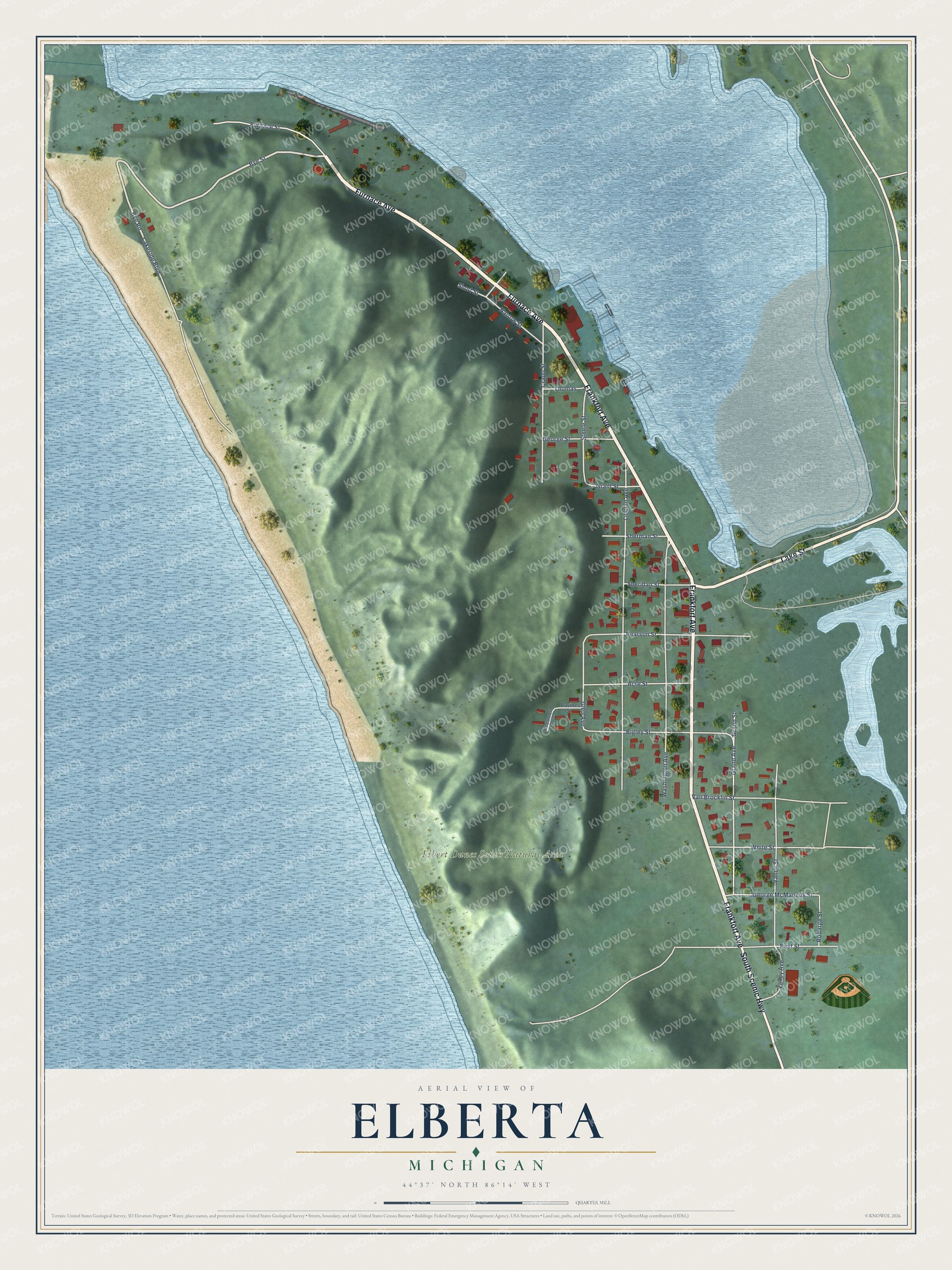 Full map of Elberta, Michigan, with red buildings, printed street names and the land around them