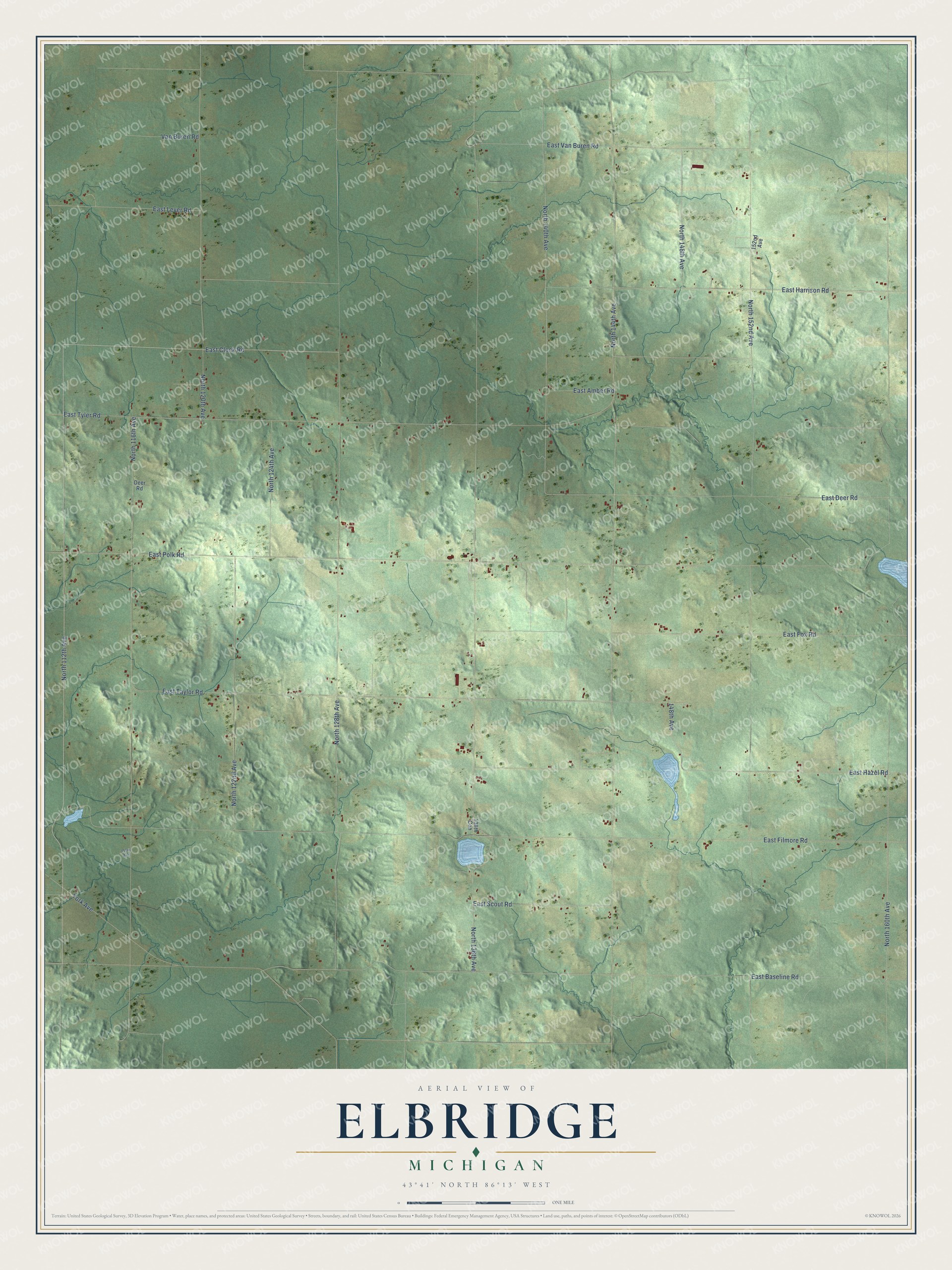 Full map of Elbridge, Michigan, with red buildings, printed street names and the land around them