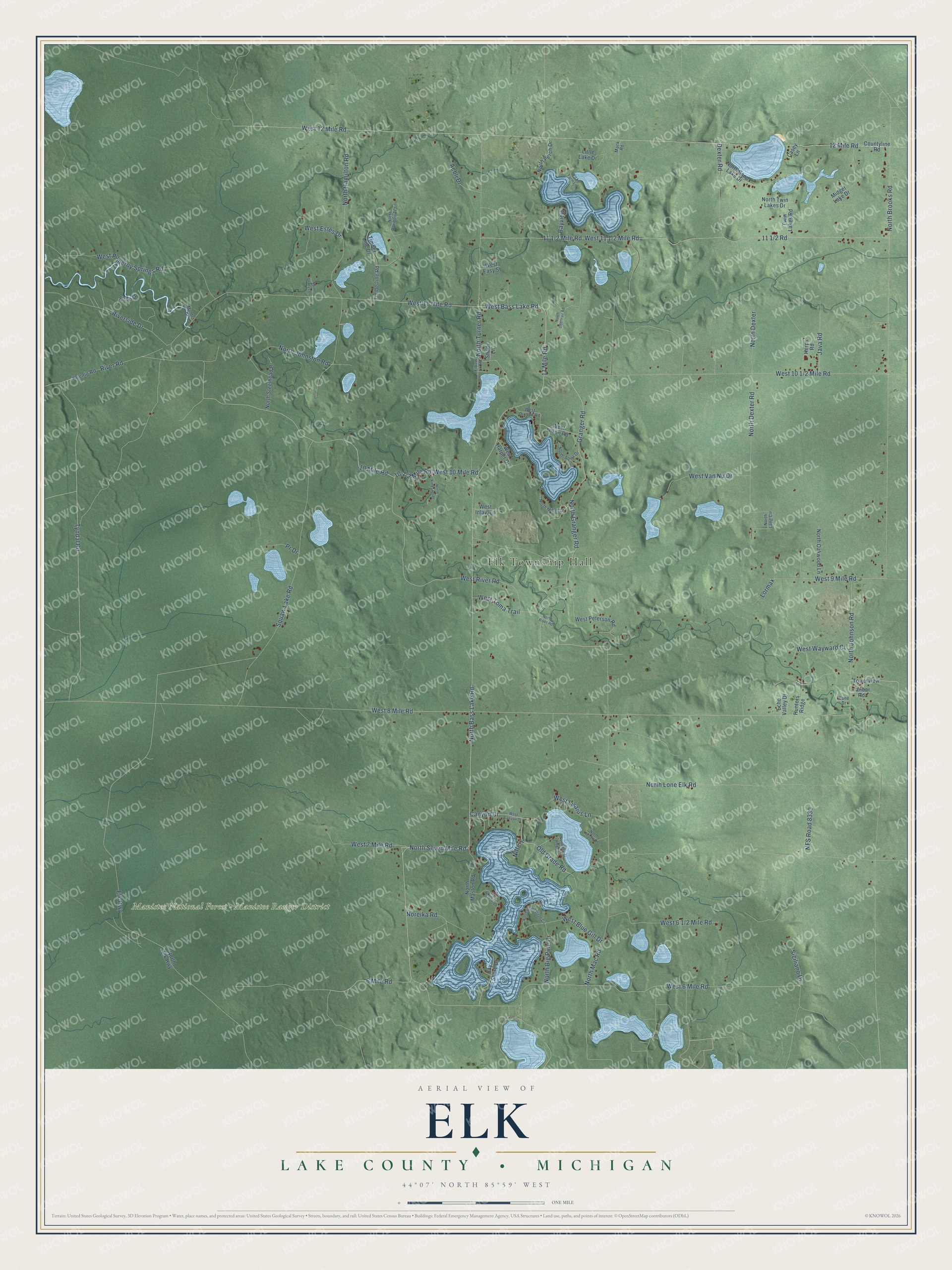 Full map of Elk, Michigan, with red buildings, printed street names and the land around them