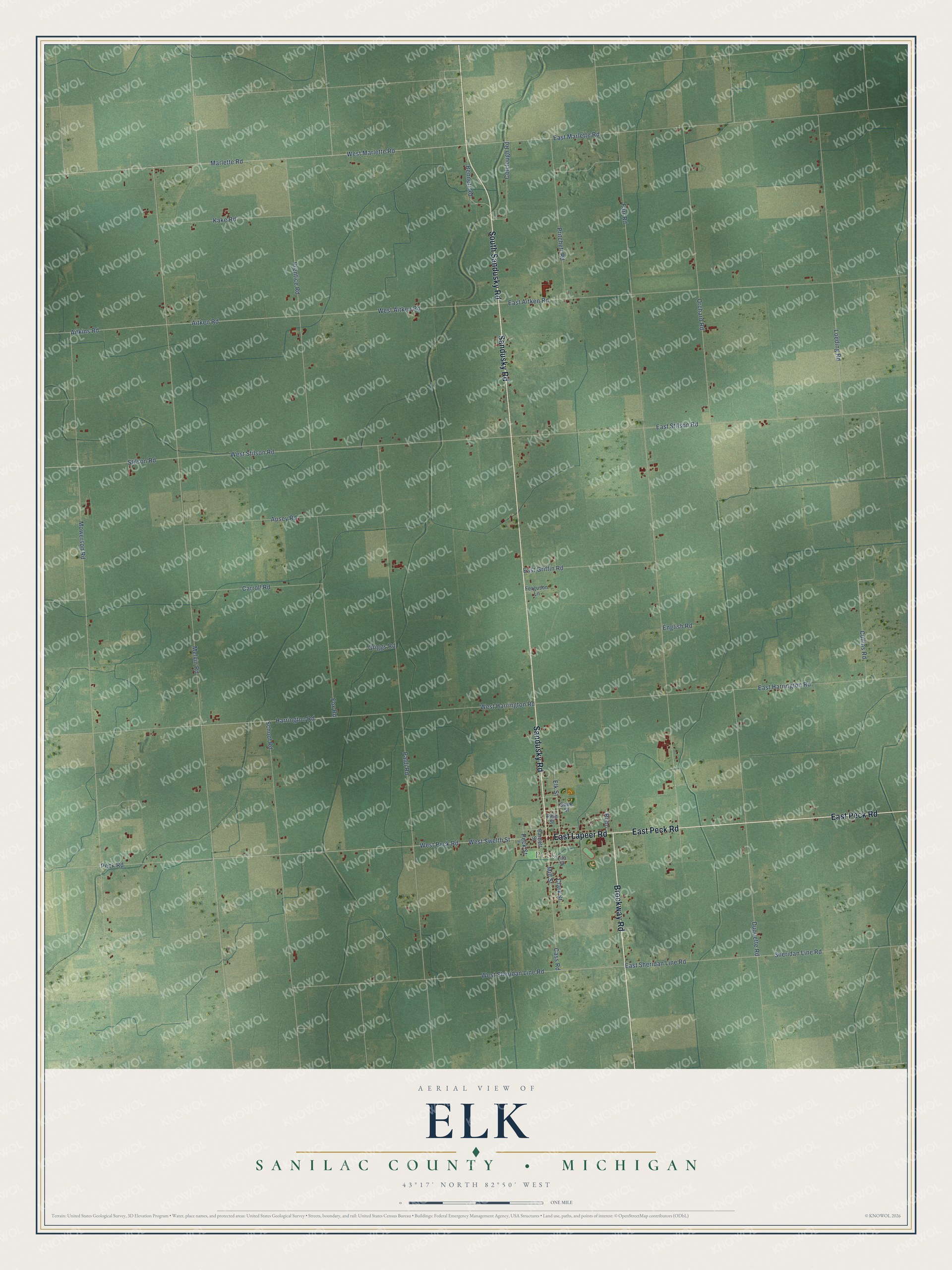 Full map of Elk, Michigan, with red buildings, printed street names and the land around them