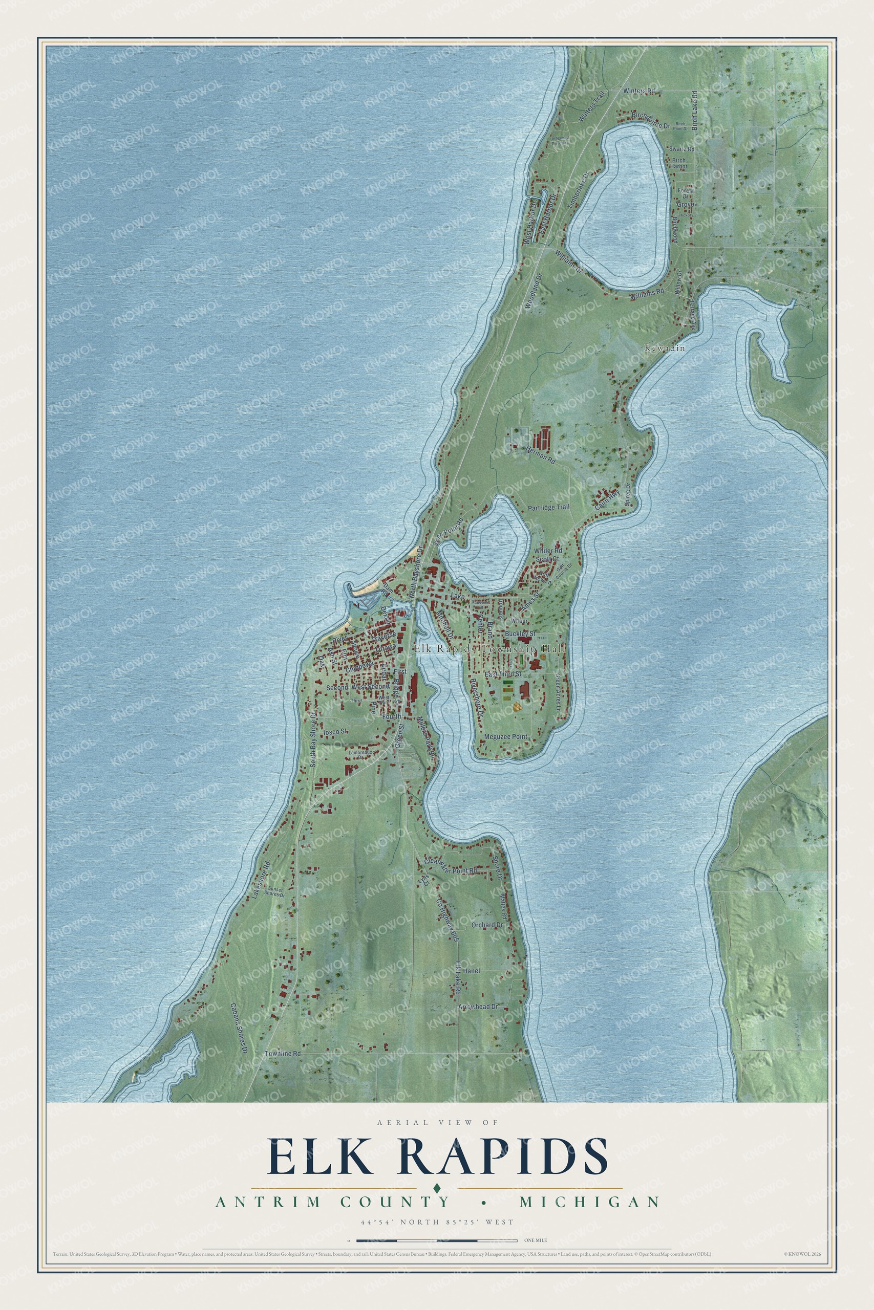 Full map of Elk Rapids, Michigan, with red buildings, printed street names and the land around them