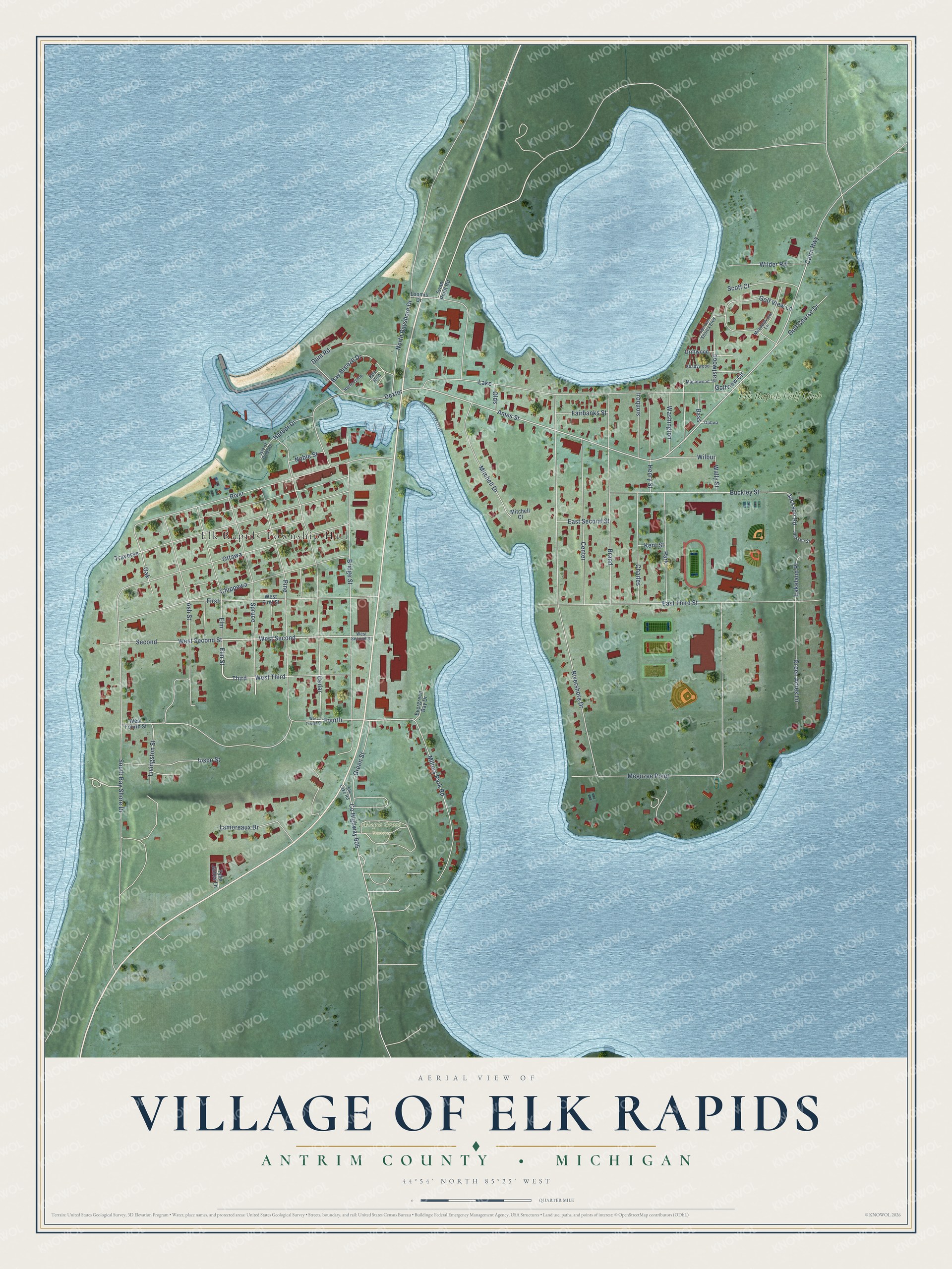 Full map of Elk Rapids, Michigan, with red buildings, printed street names and the land around them