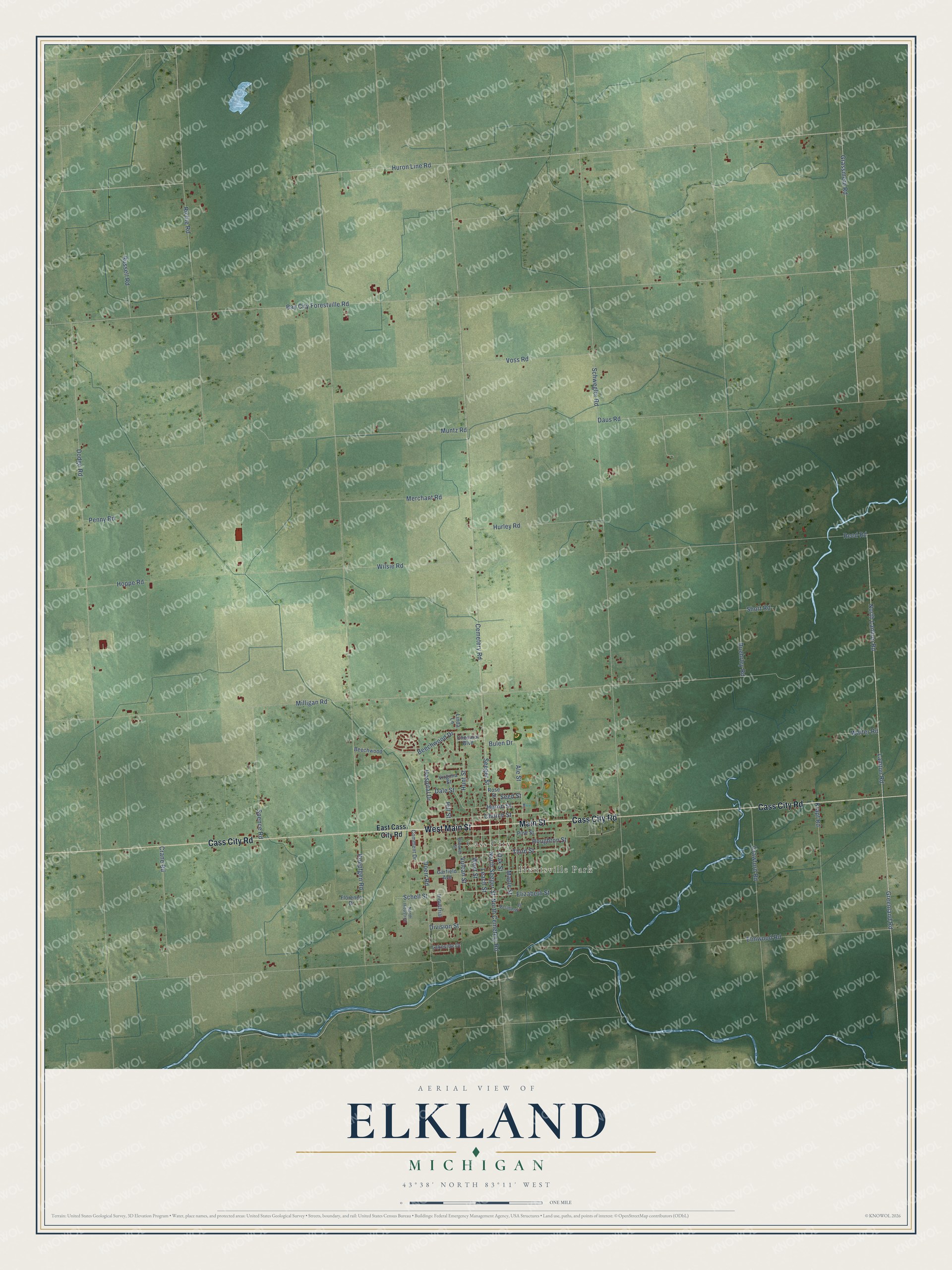 Full map of Elkland, Michigan, with red buildings, printed street names and the land around them
