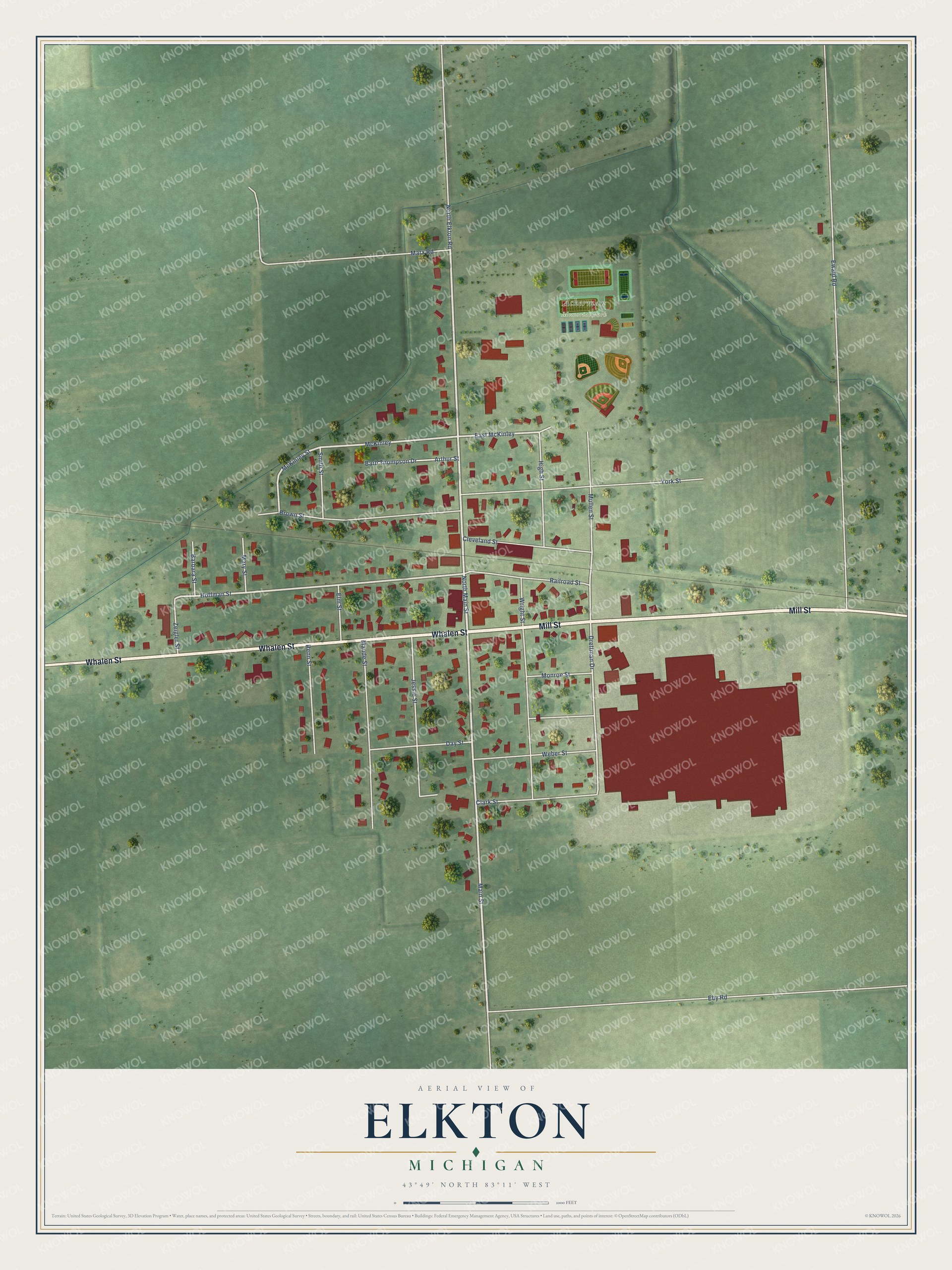 Full map of Elkton, Michigan, with red buildings, printed street names and the land around them