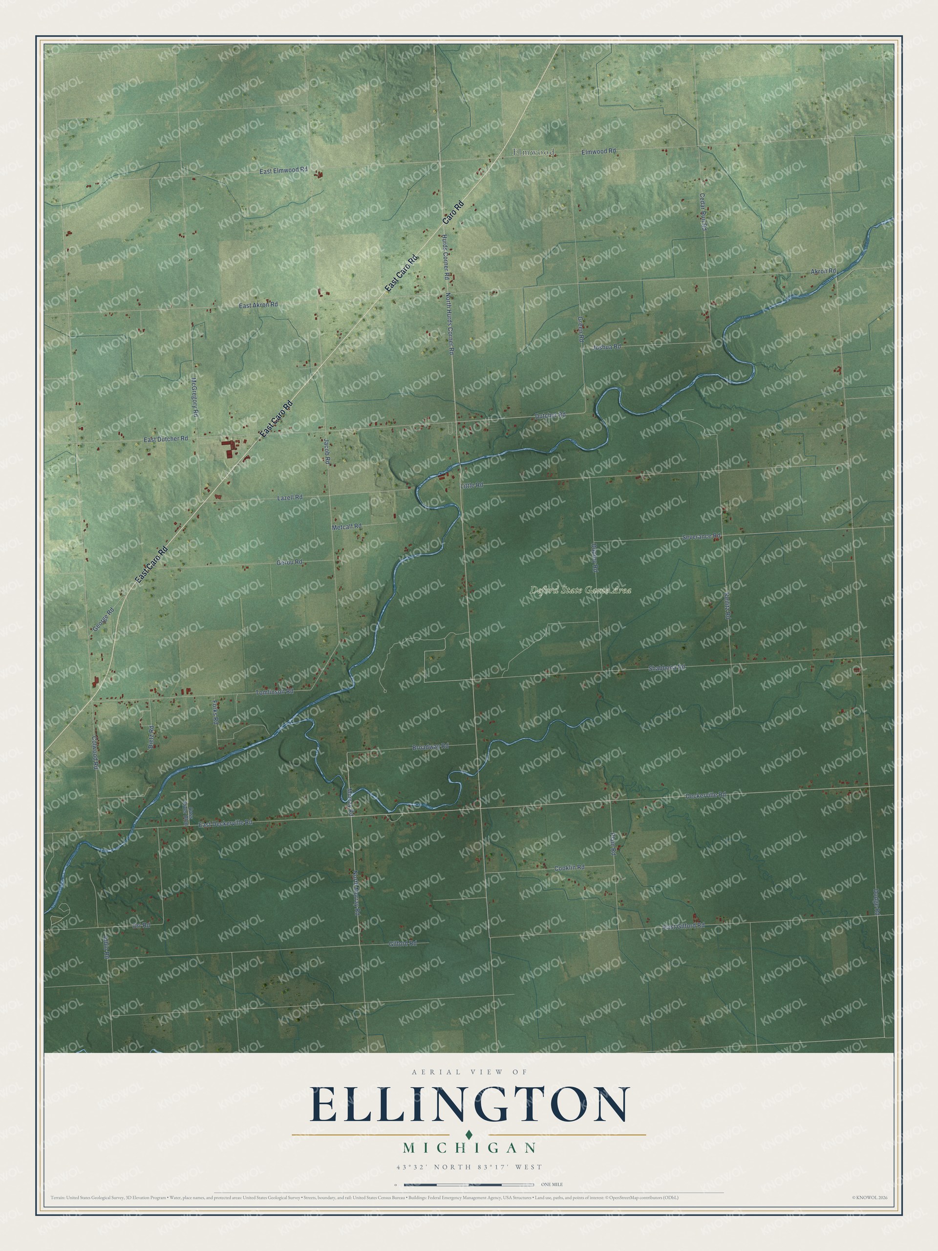 Full map of Ellington, Michigan, with red buildings, printed street names and the land around them
