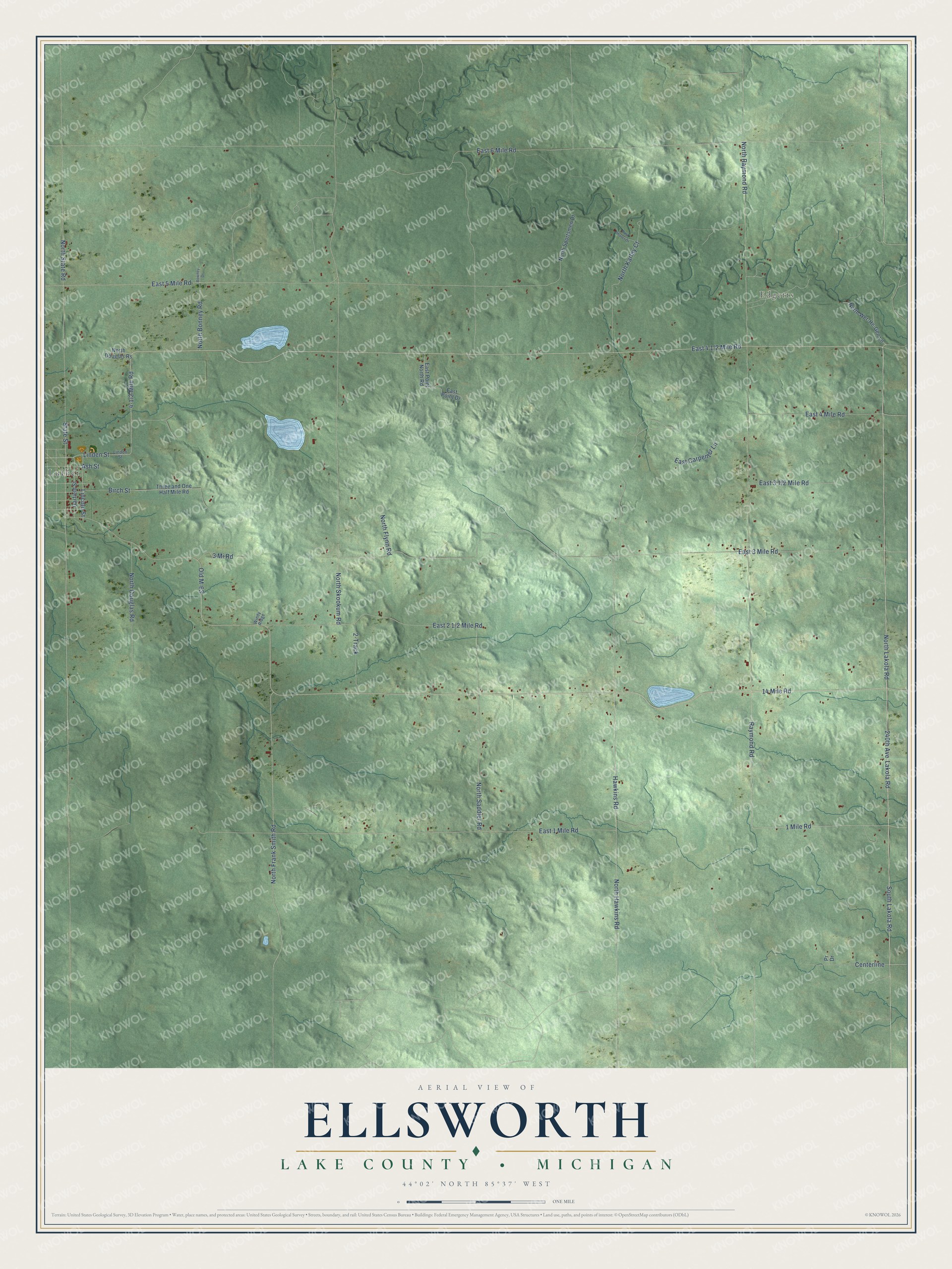 Full map of Ellsworth, Michigan, with red buildings, printed street names and the land around them