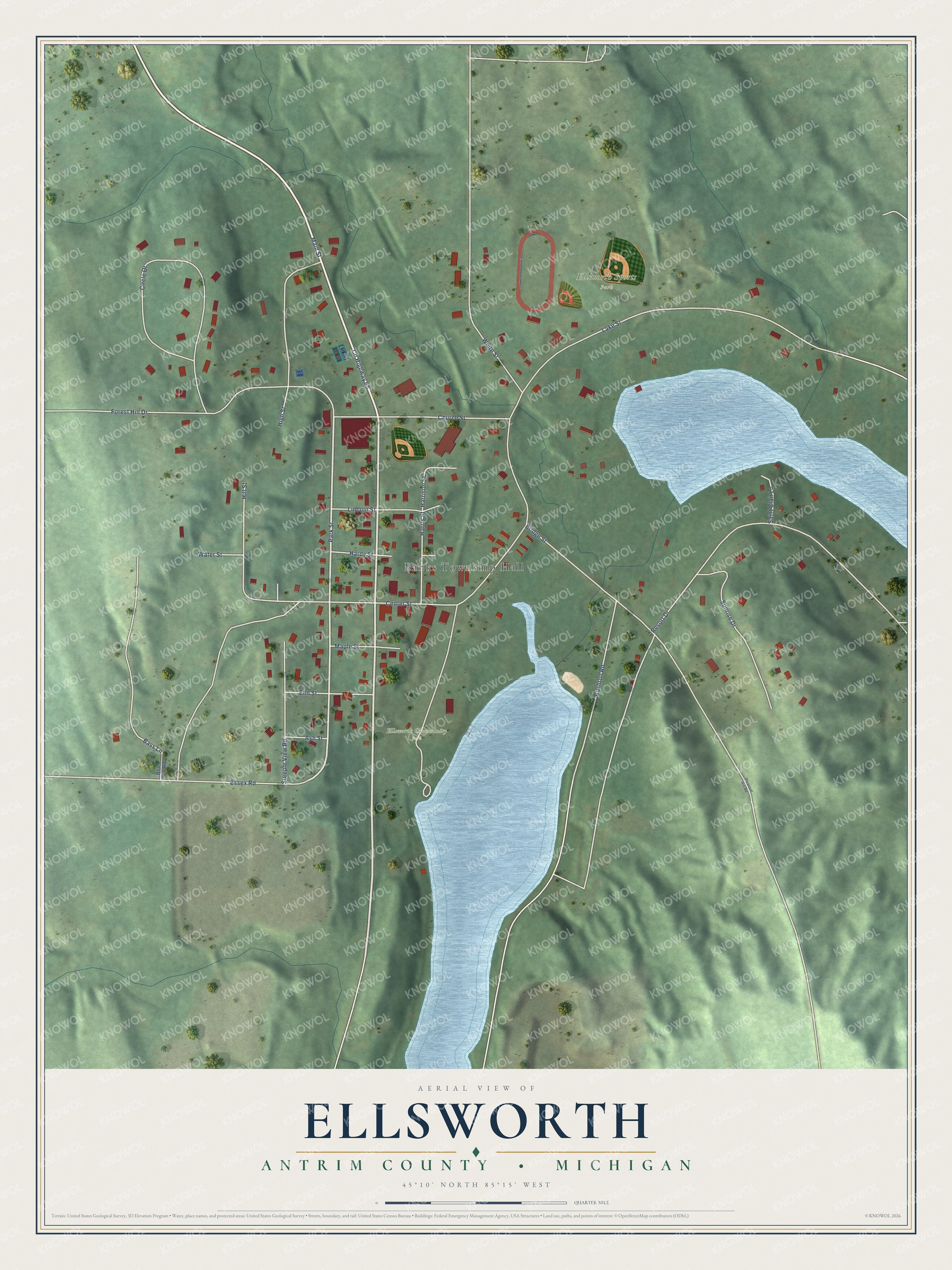 Full map of Ellsworth, Michigan, with red buildings, printed street names and the land around them