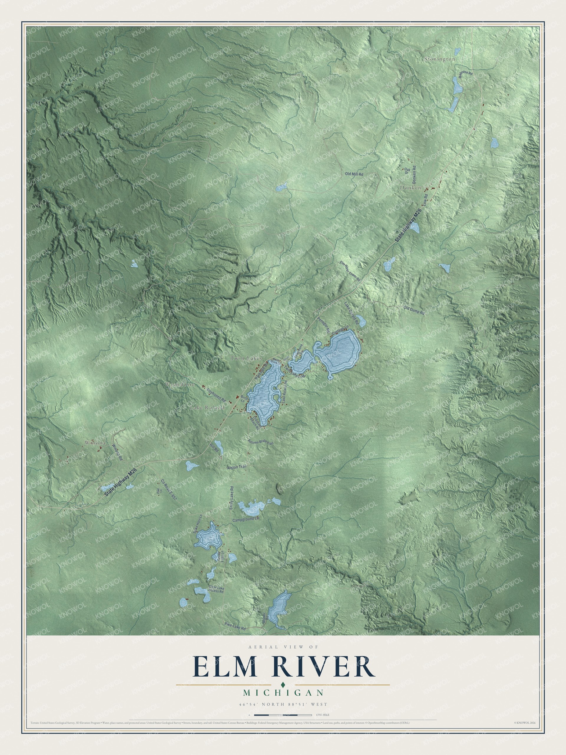 Full map of Elm River, Michigan, with red buildings, printed street names and the land around them