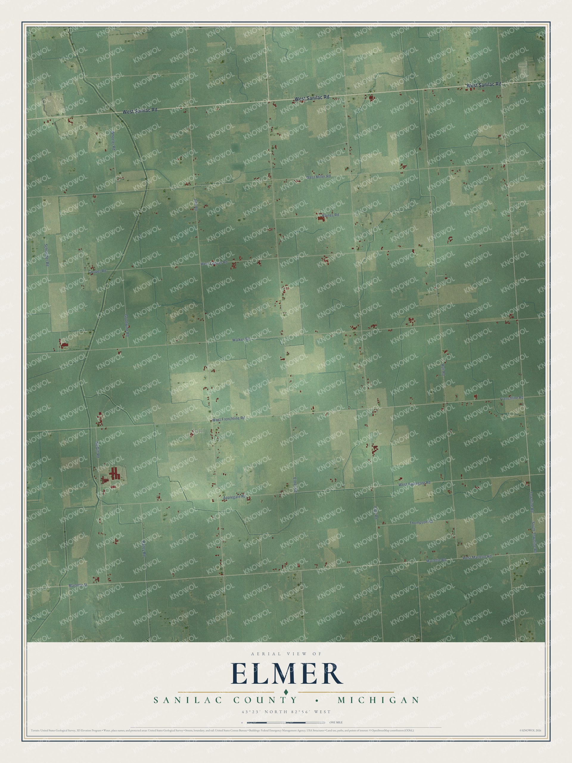 Full map of Elmer, Michigan, with red buildings, printed street names and the land around them