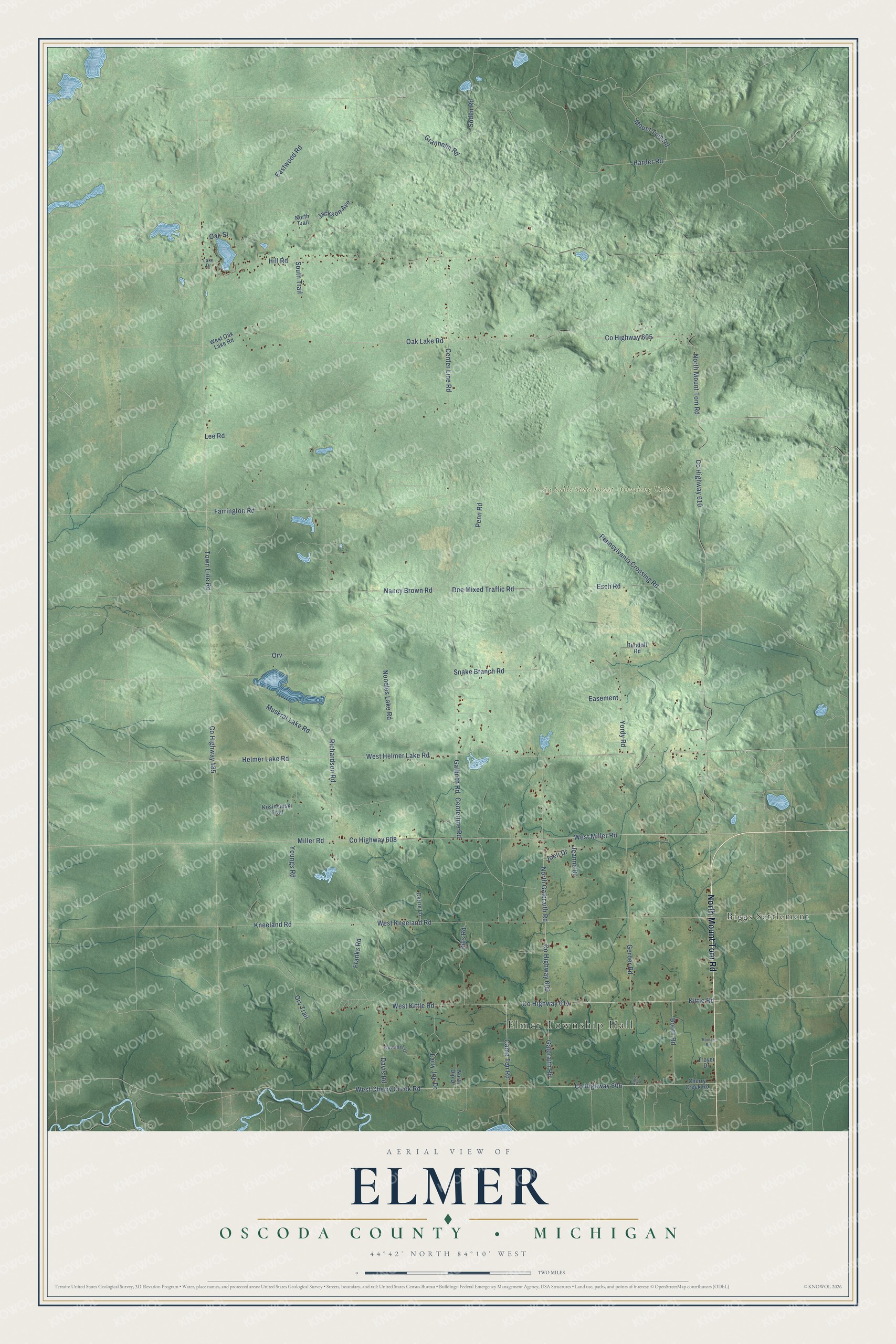 Full map of Elmer, Michigan, with red buildings, printed street names and the land around them
