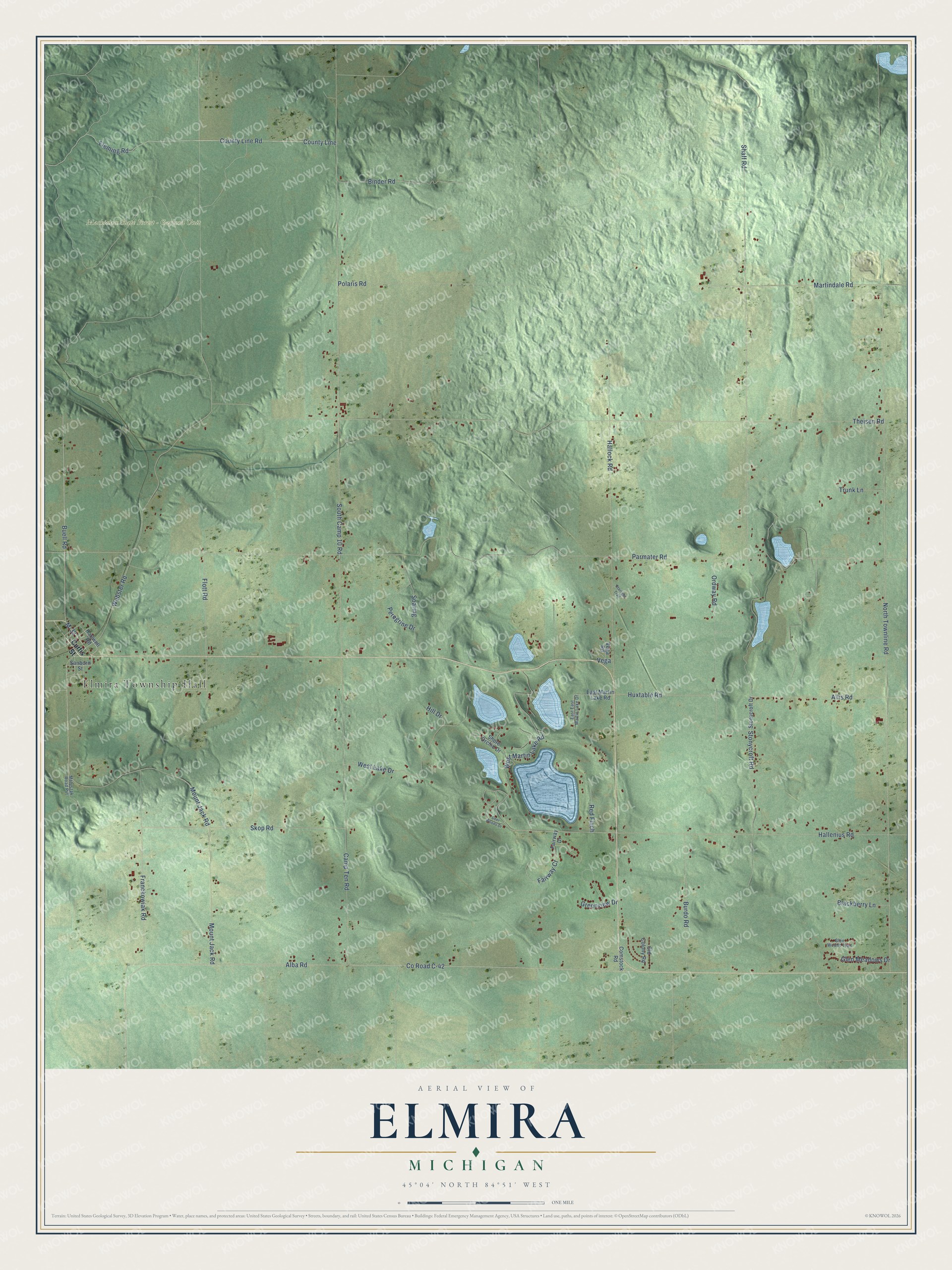 Full map of Elmira, Michigan, with red buildings, printed street names and the land around them