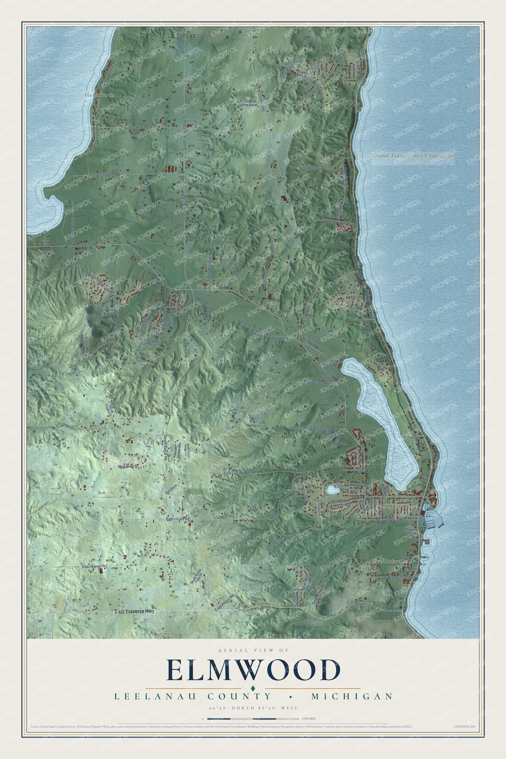 Full map of Elmwood, Michigan, with red buildings, printed street names and the land around them