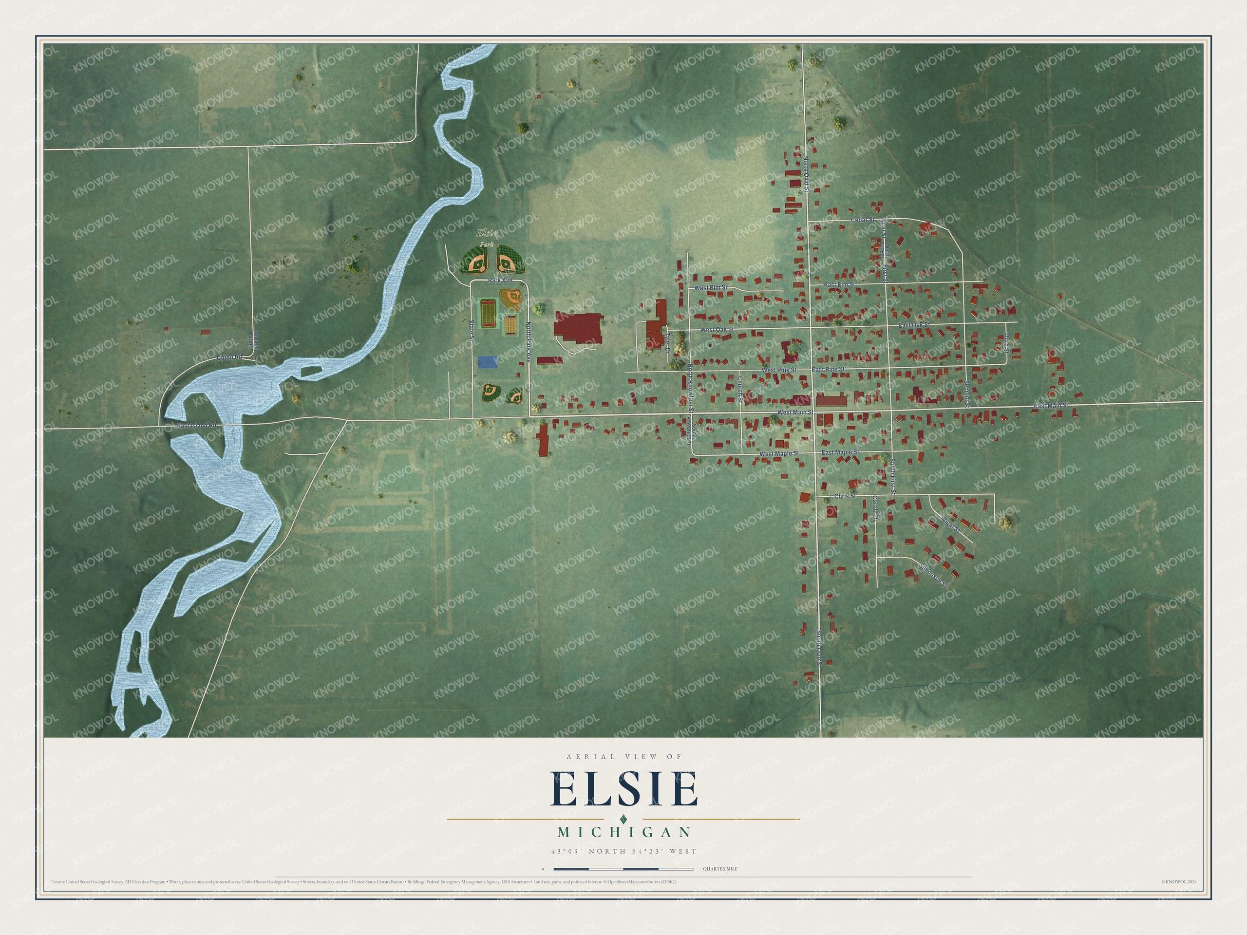 Full map of Elsie, Michigan, with red buildings, printed street names and the land around them