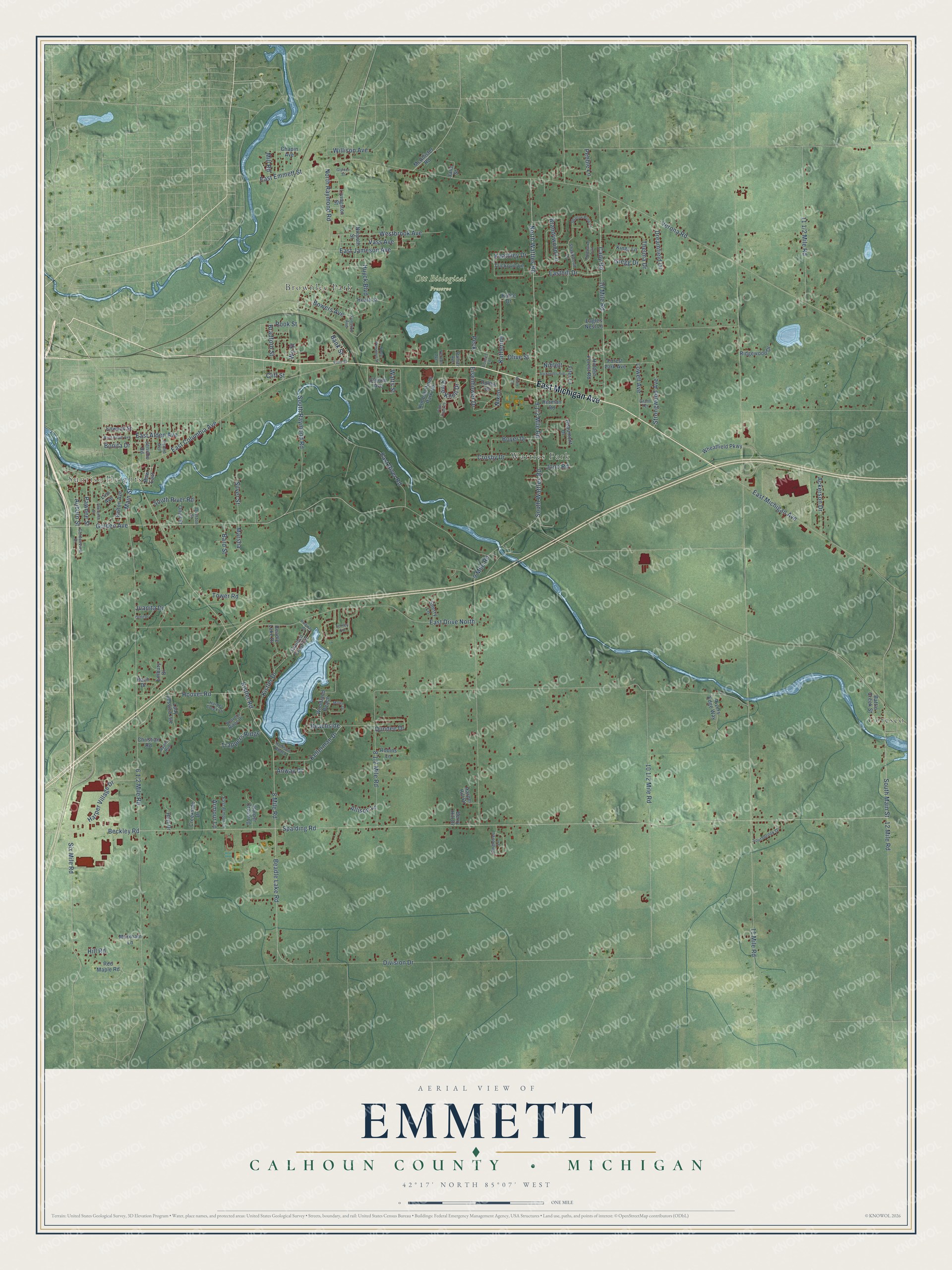Full map of Emmett, Michigan, with red buildings, printed street names and the land around them