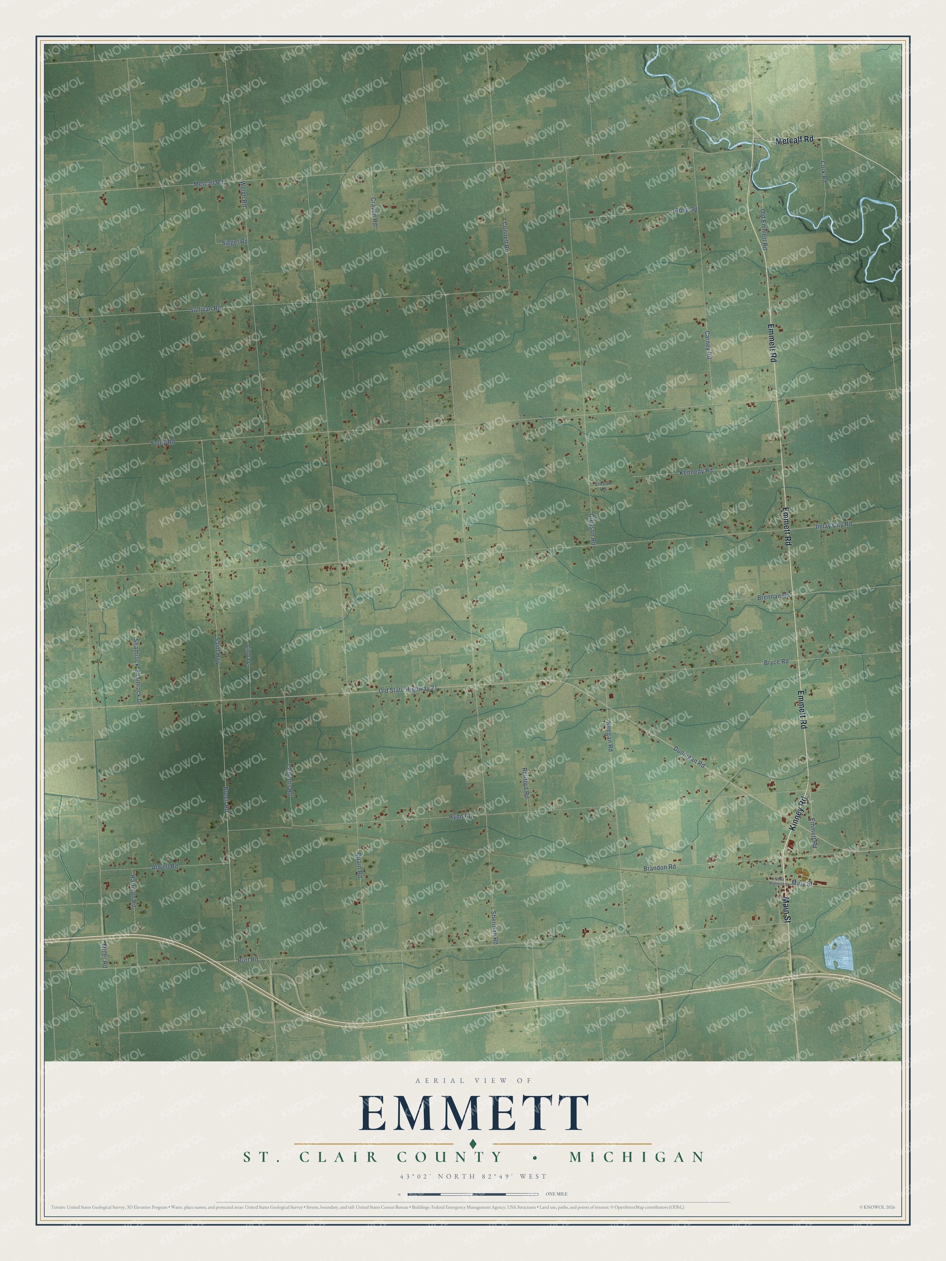 Full map of Emmett, Michigan, with red buildings, printed street names and the land around them