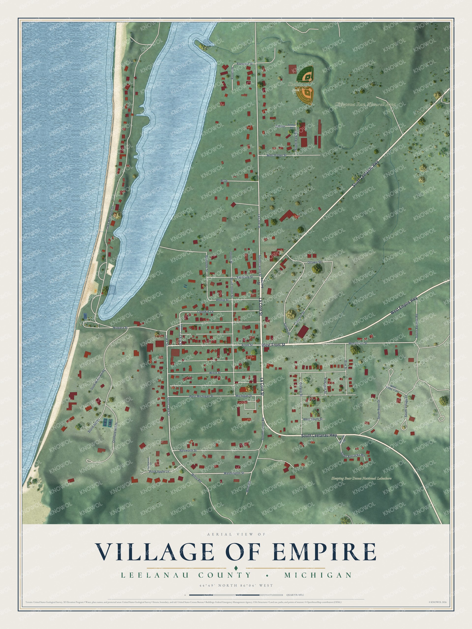 Full map of Empire, Michigan, with red buildings, printed street names and the land around them