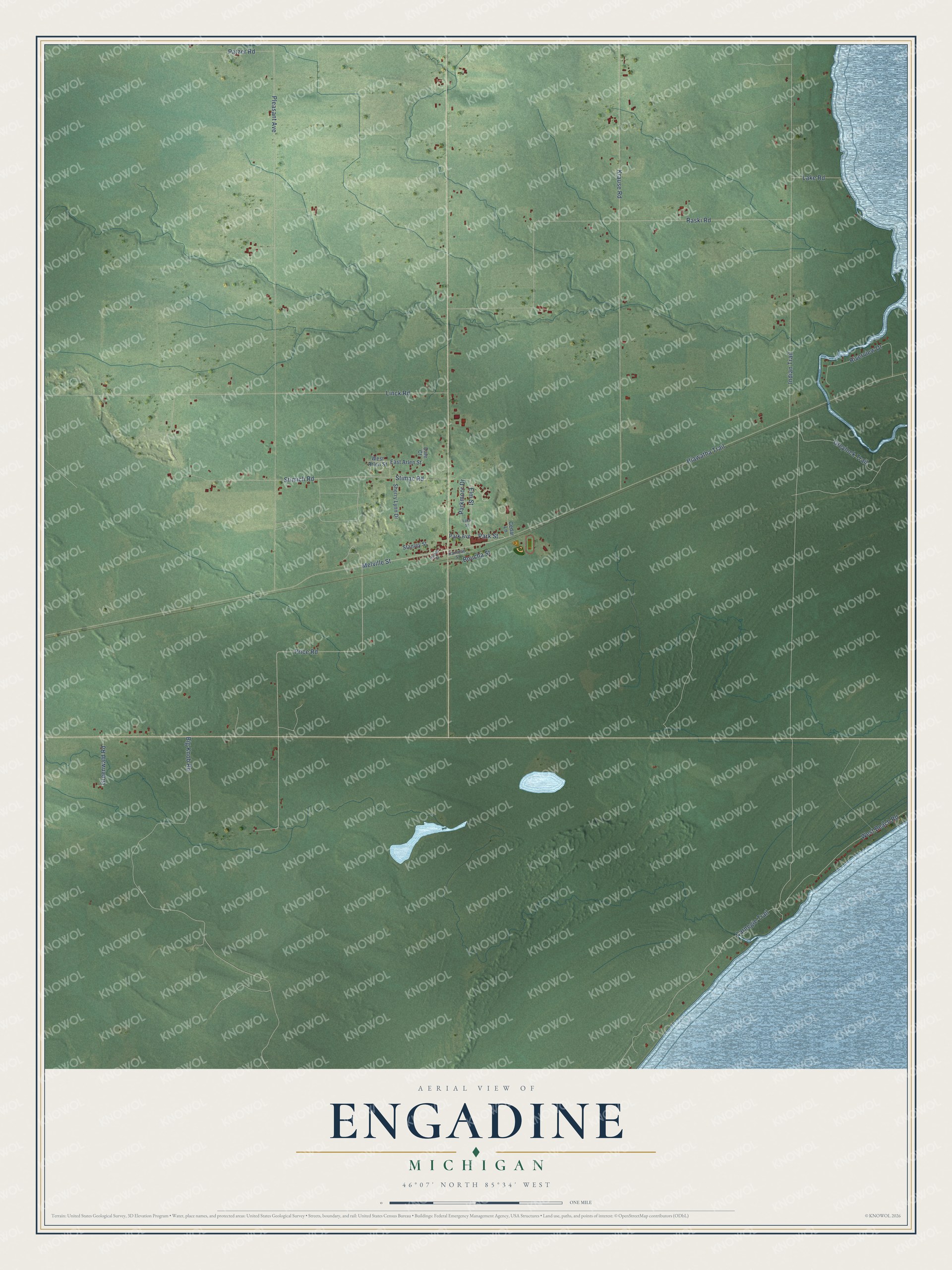 Full map of Engadine, Michigan, with red buildings, printed street names and the land around them