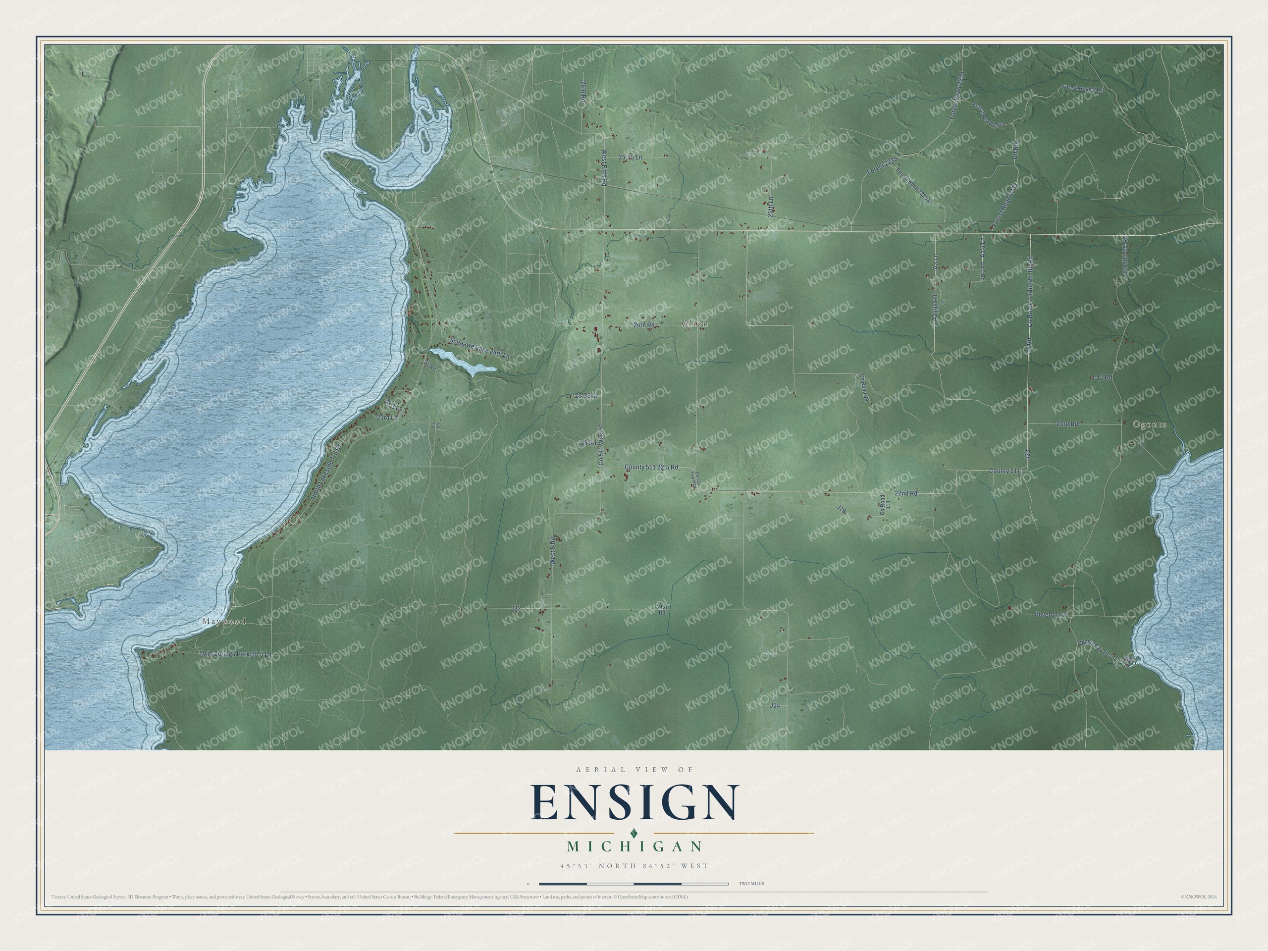 Full map of Ensign, Michigan, with red buildings, printed street names and the land around them