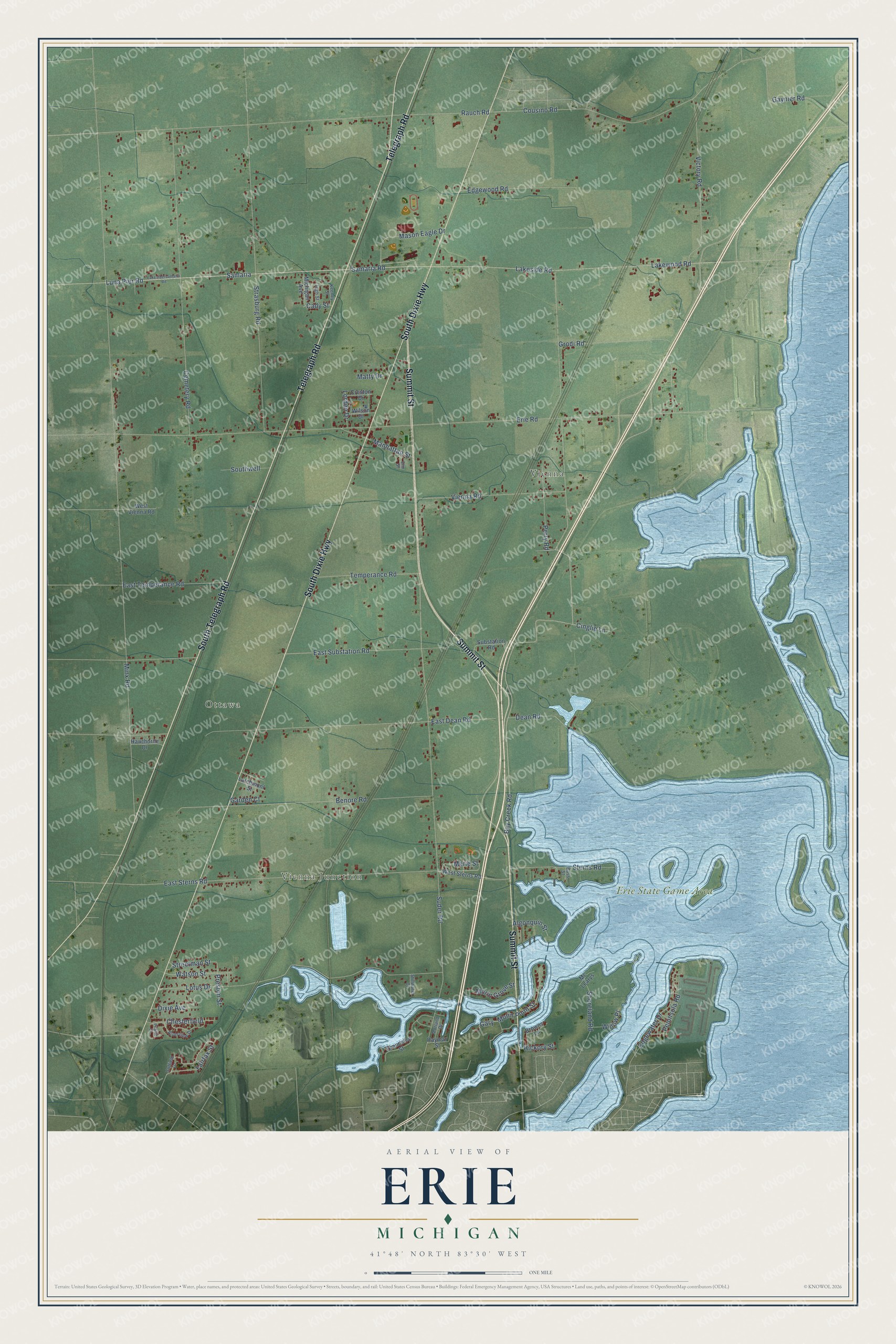 Full map of Erie, Michigan, with red buildings, printed street names and the land around them