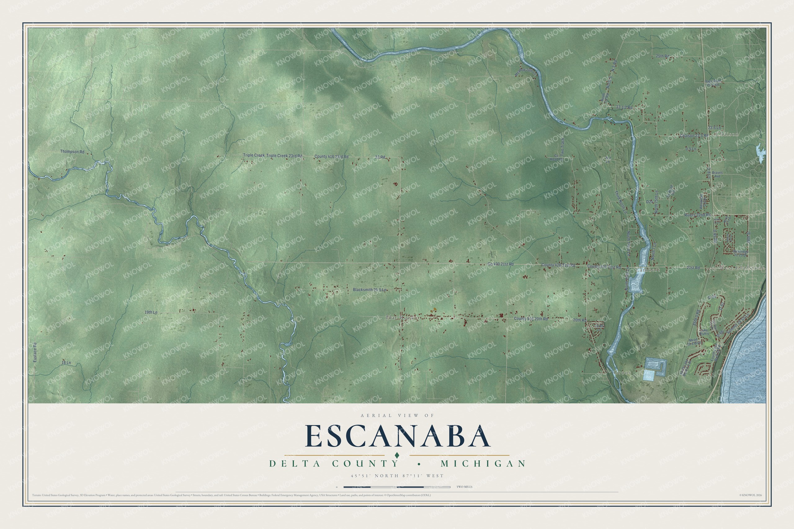 Full map of Escanaba, Michigan, with red buildings, printed street names and the land around them