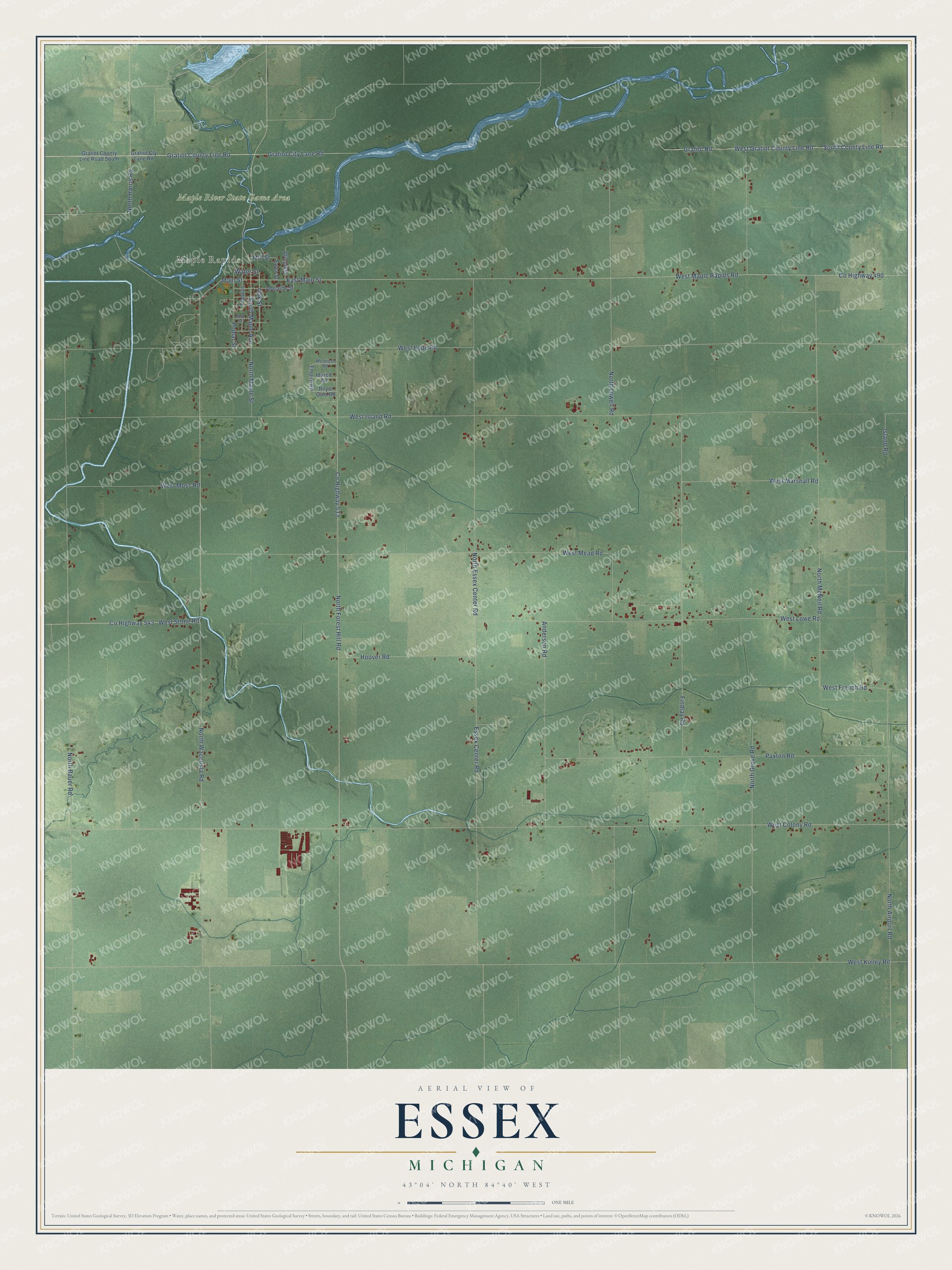 Full map of Essex, Michigan, with red buildings, printed street names and the land around them