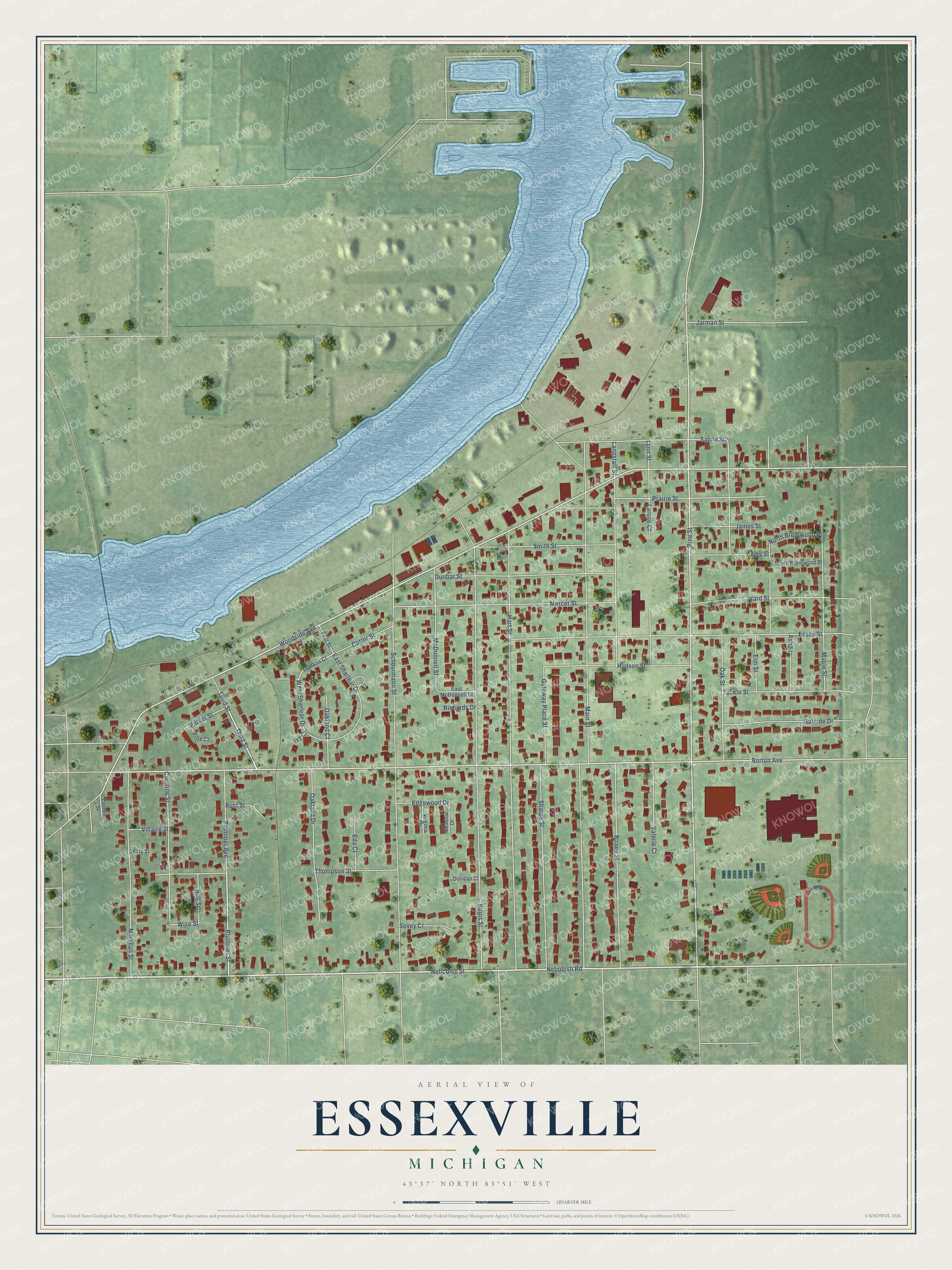 Full map of Essexville, Michigan, with red buildings, printed street names and the land around them