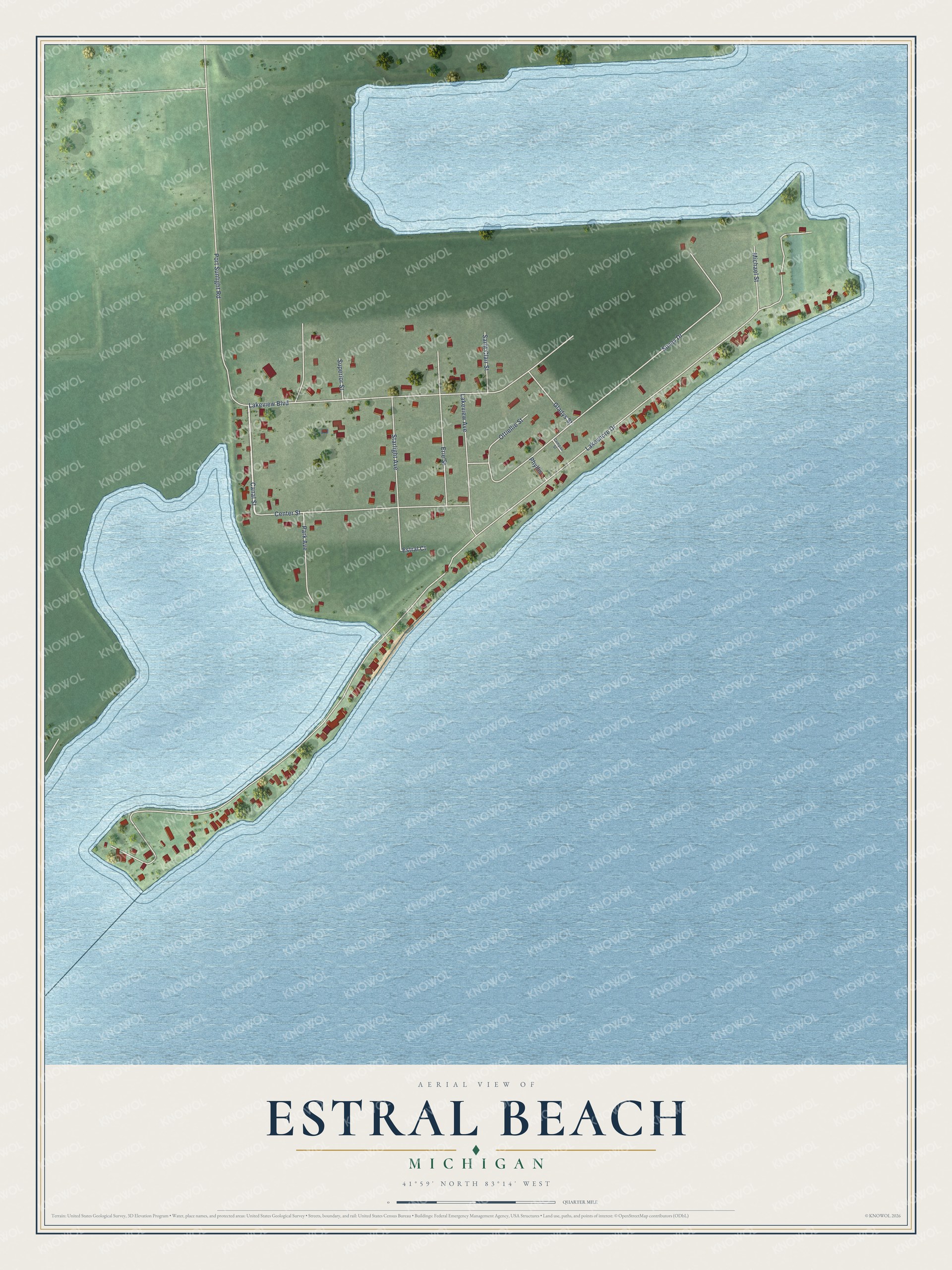 Full map of Estral Beach, Michigan, with red buildings, printed street names and the land around them