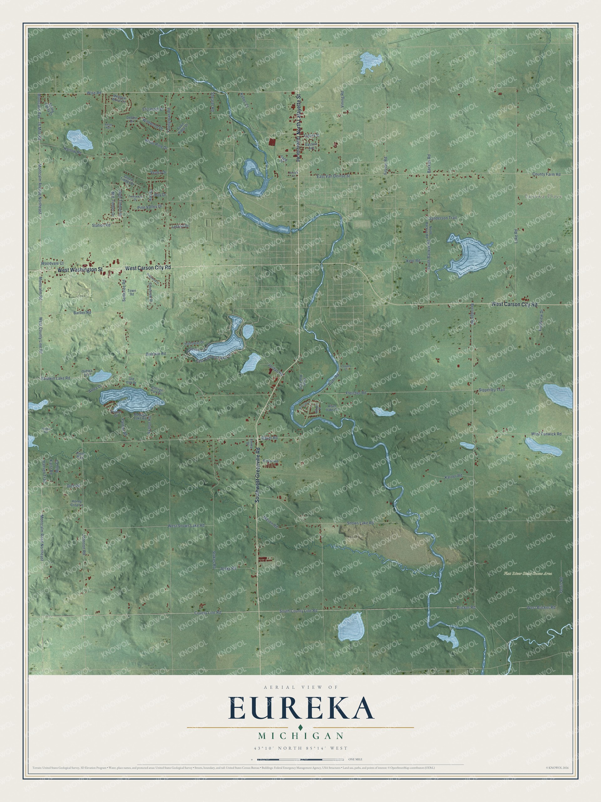 Full map of Eureka, Michigan, with red buildings, printed street names and the land around them