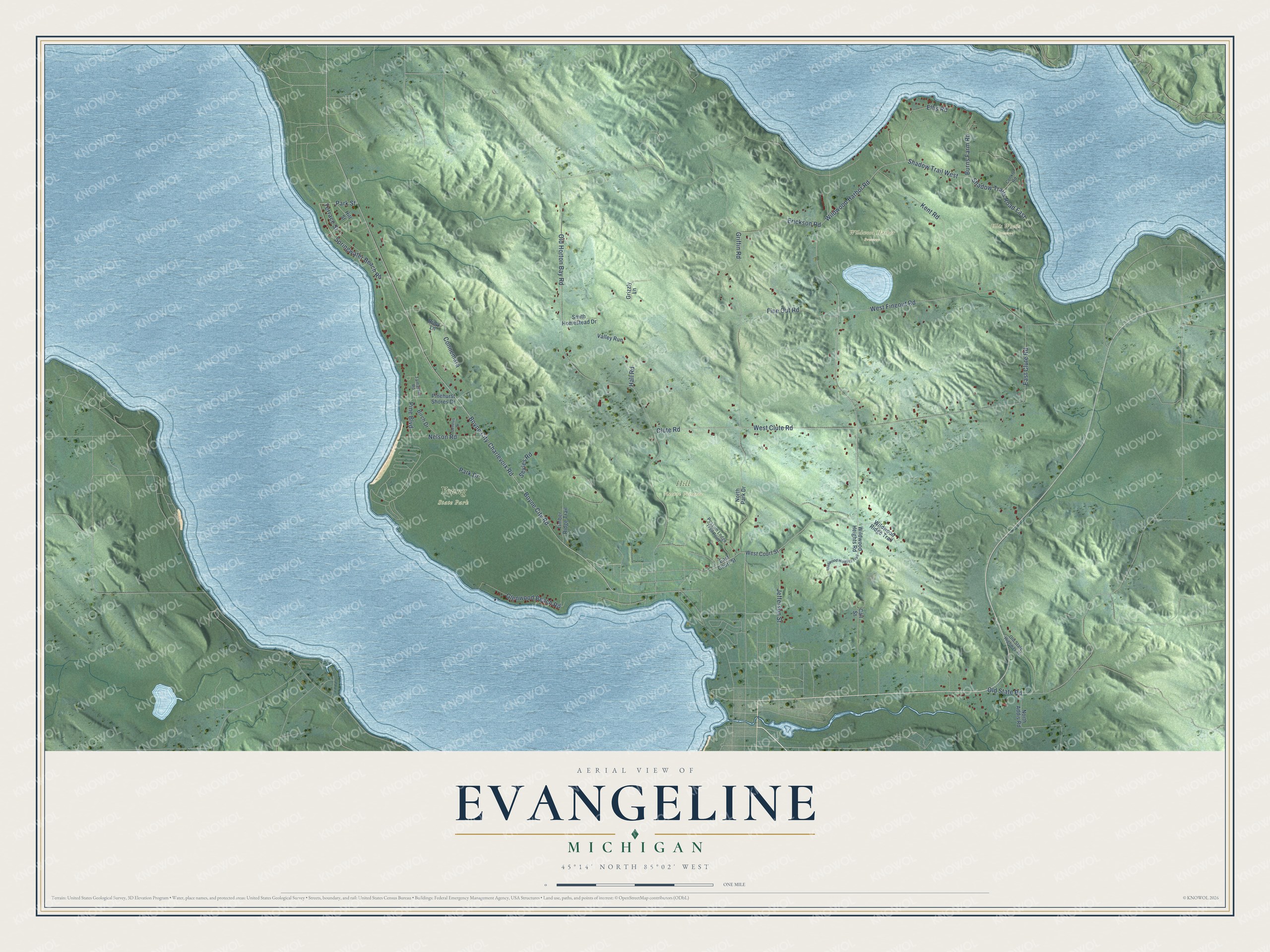 Watermarked full-map preview of Evangeline, Michigan