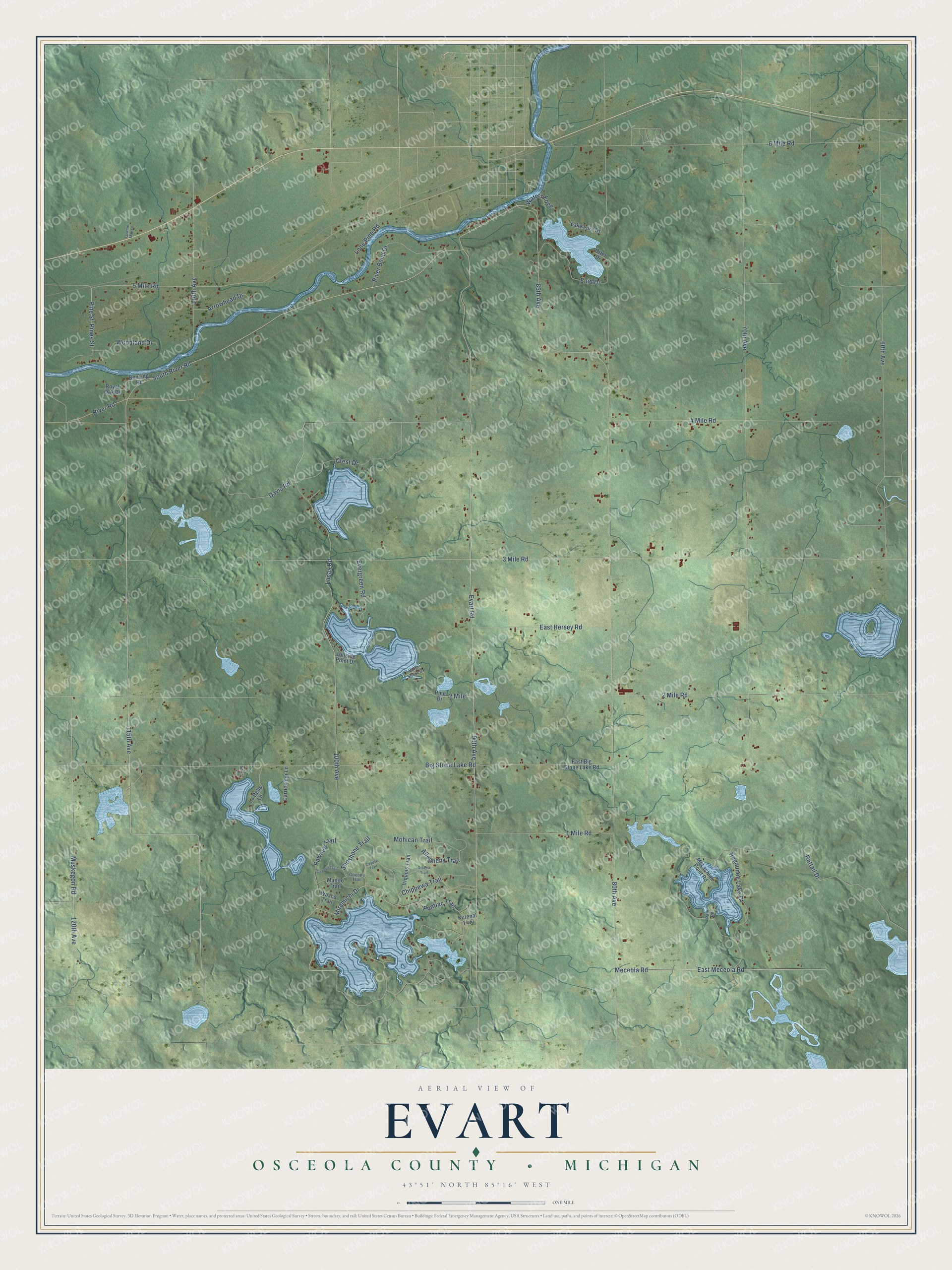 Full map of Evart, Michigan, with red buildings, printed street names and the land around them