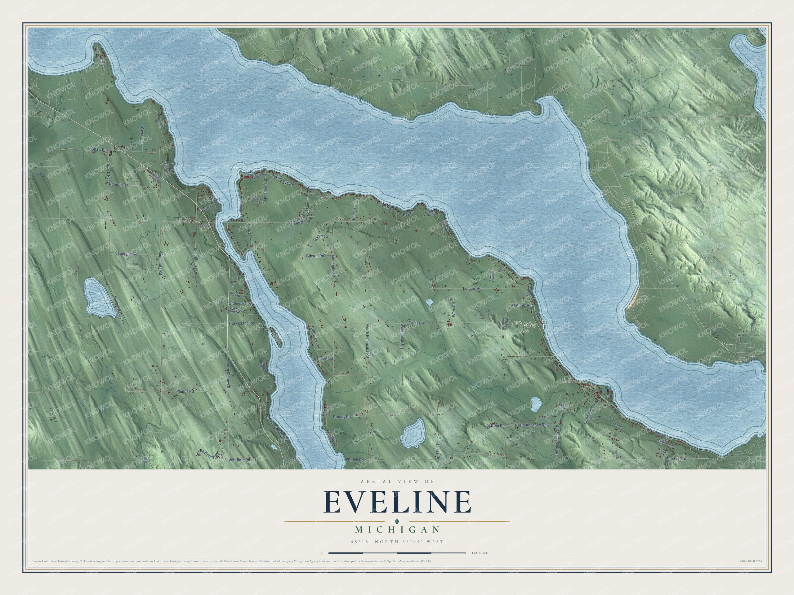 Full map of Eveline, Michigan, with red buildings, printed street names and the land around them