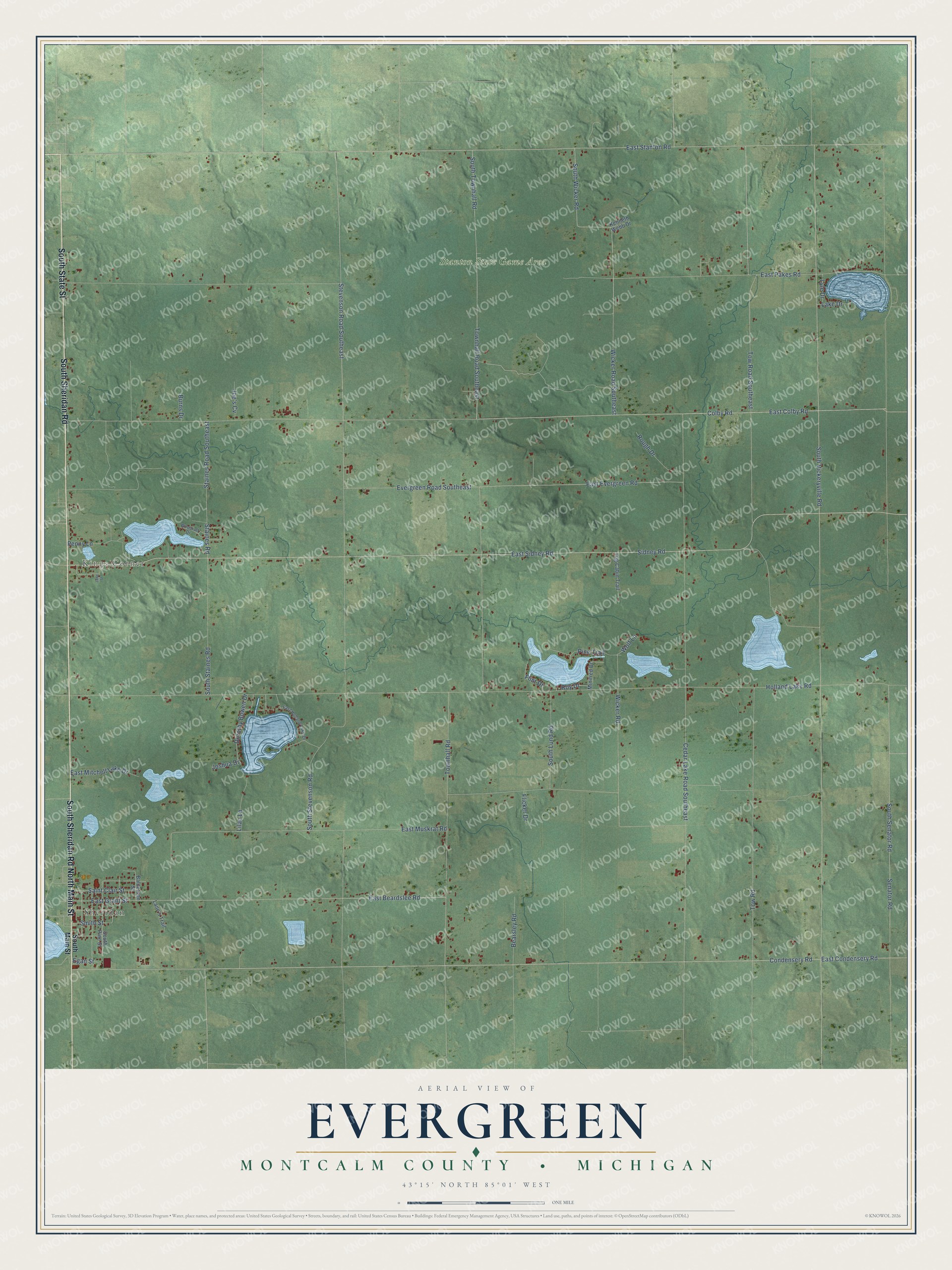 Full map of Evergreen, Michigan, with red buildings, printed street names and the land around them