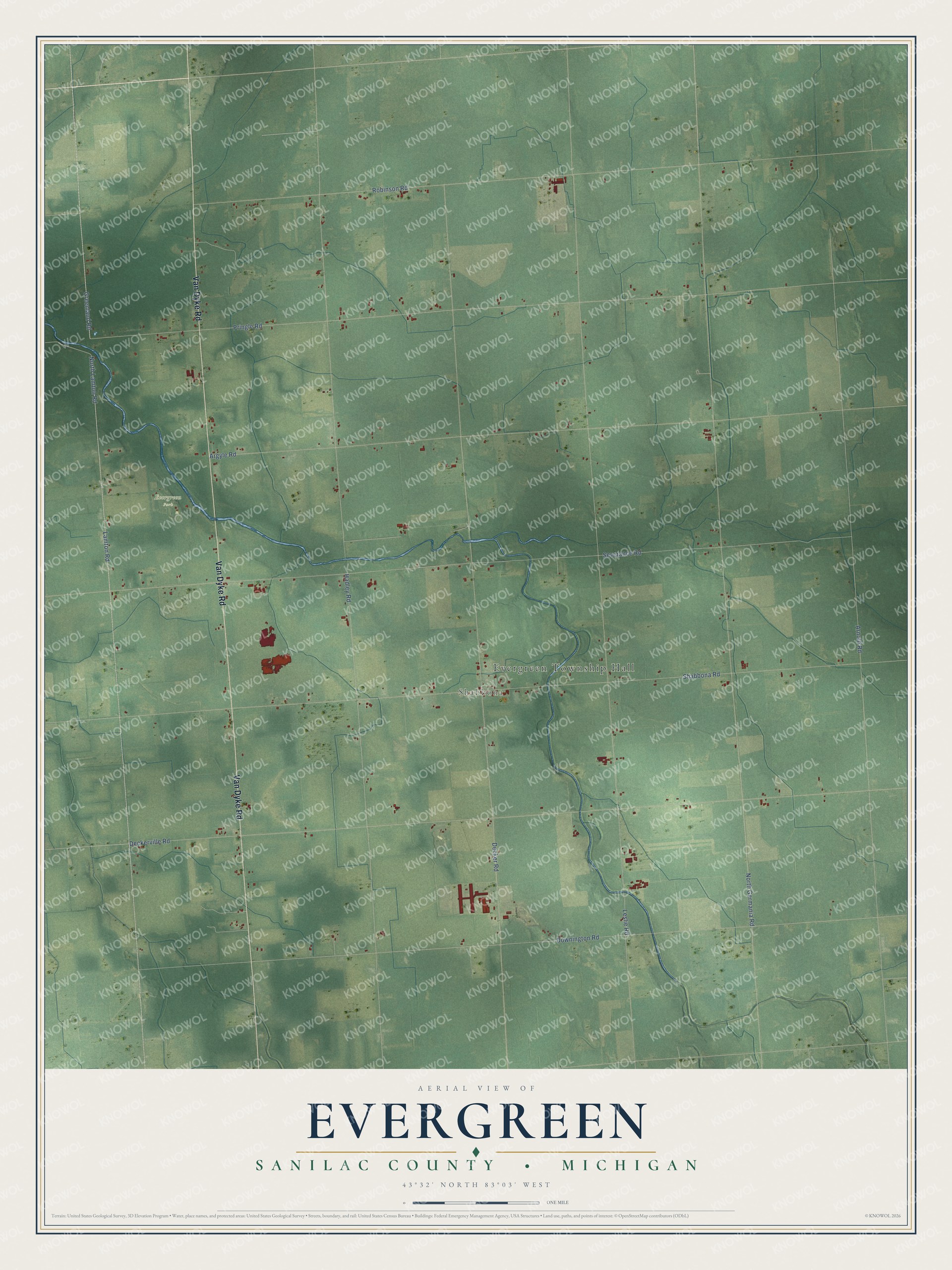 Full map of Evergreen, Michigan, with red buildings, printed street names and the land around them