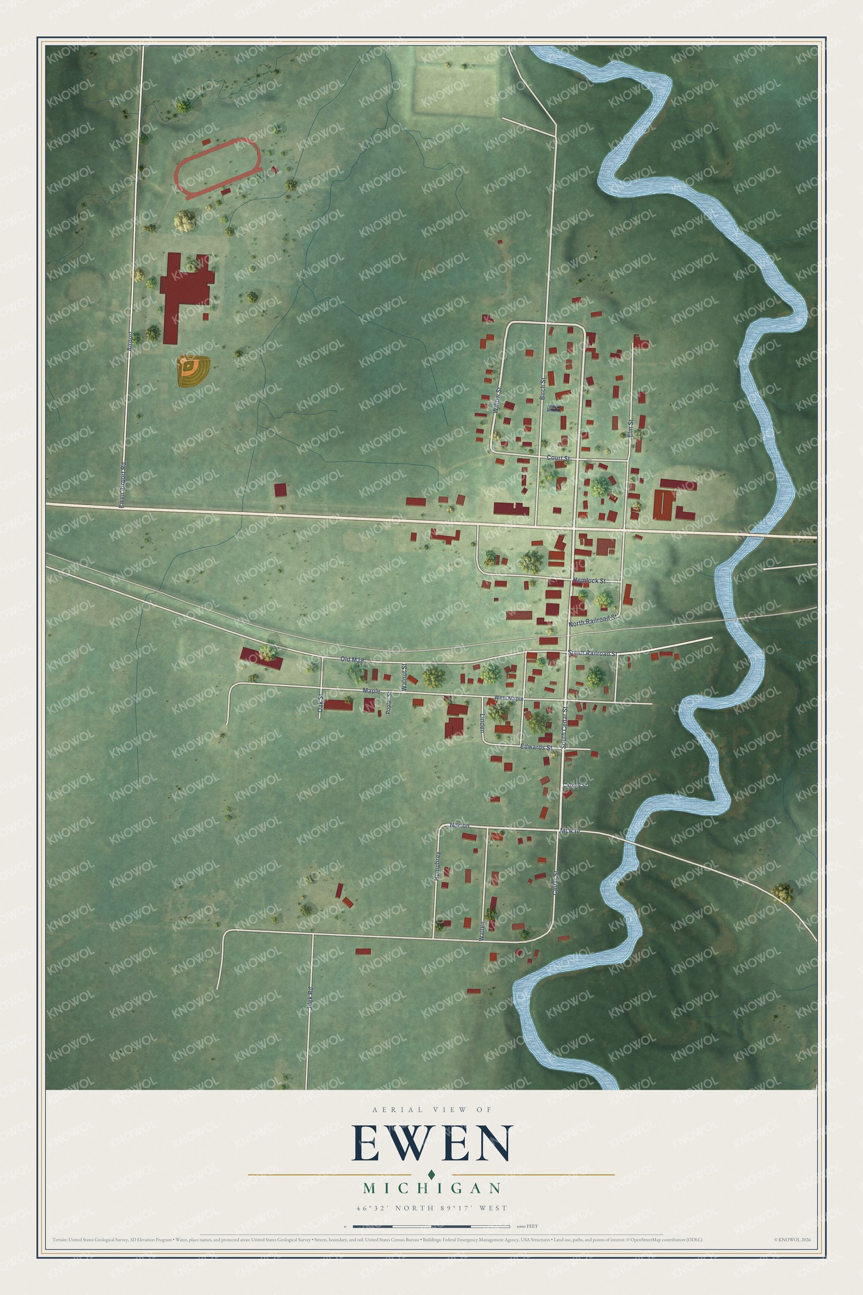 Full map of Ewen, Michigan, with red buildings, printed street names and the land around them