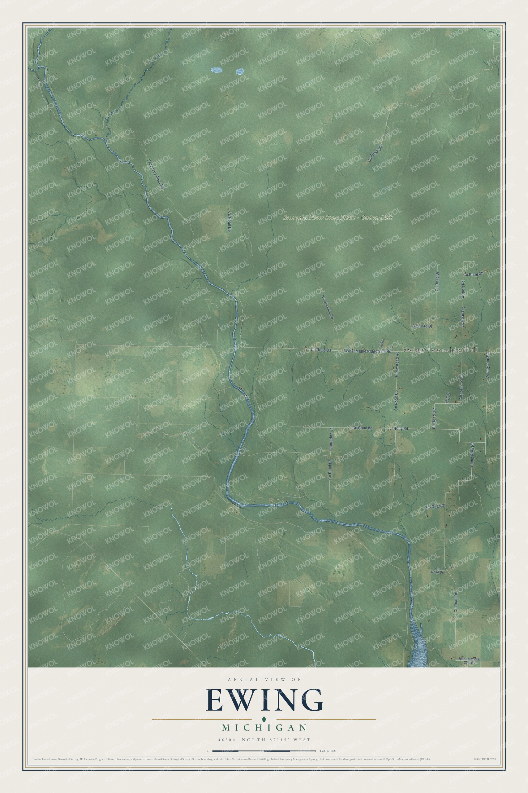 Full map of Ewing, Michigan, with red buildings, printed street names and the land around them