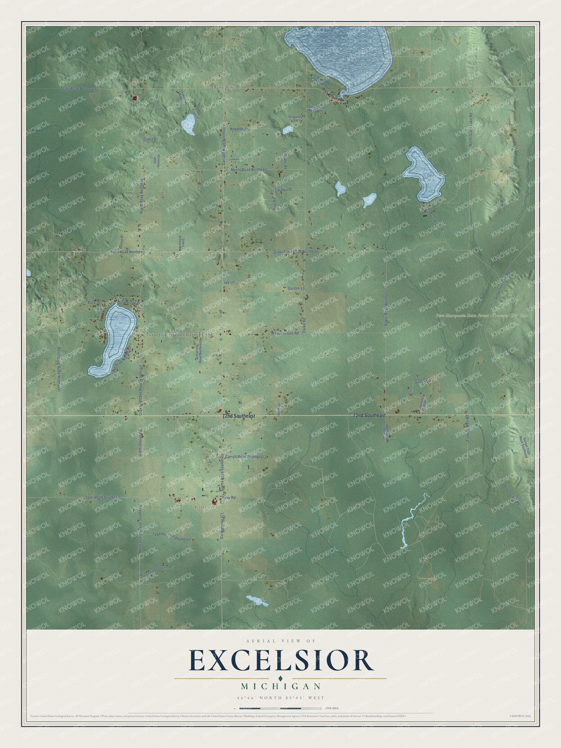 Full map of Excelsior, Michigan, with red buildings, printed street names and the land around them
